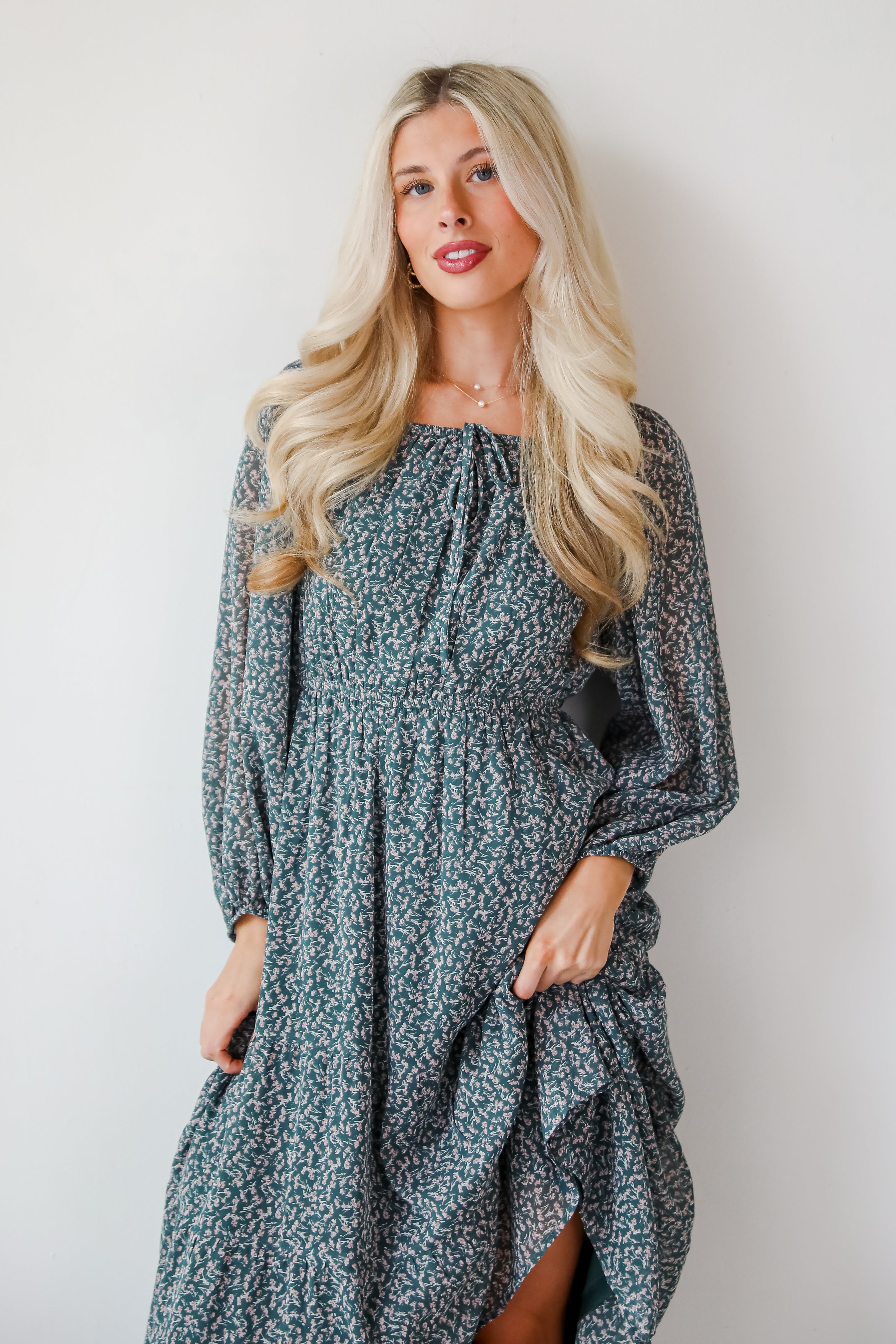 Endlessly Darling Teal Floral Midi Dress