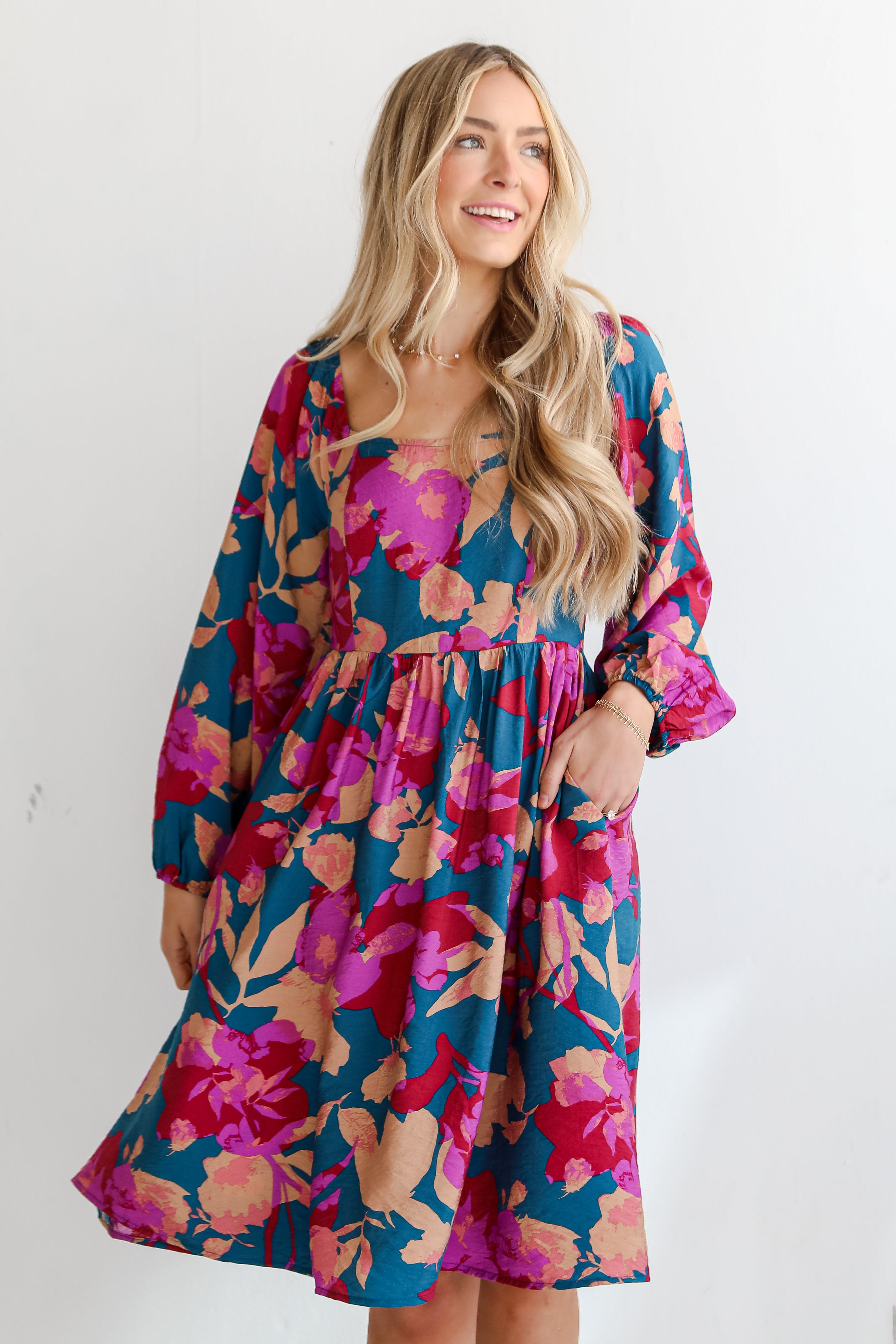 long sleeve Teal Floral Midi Dress