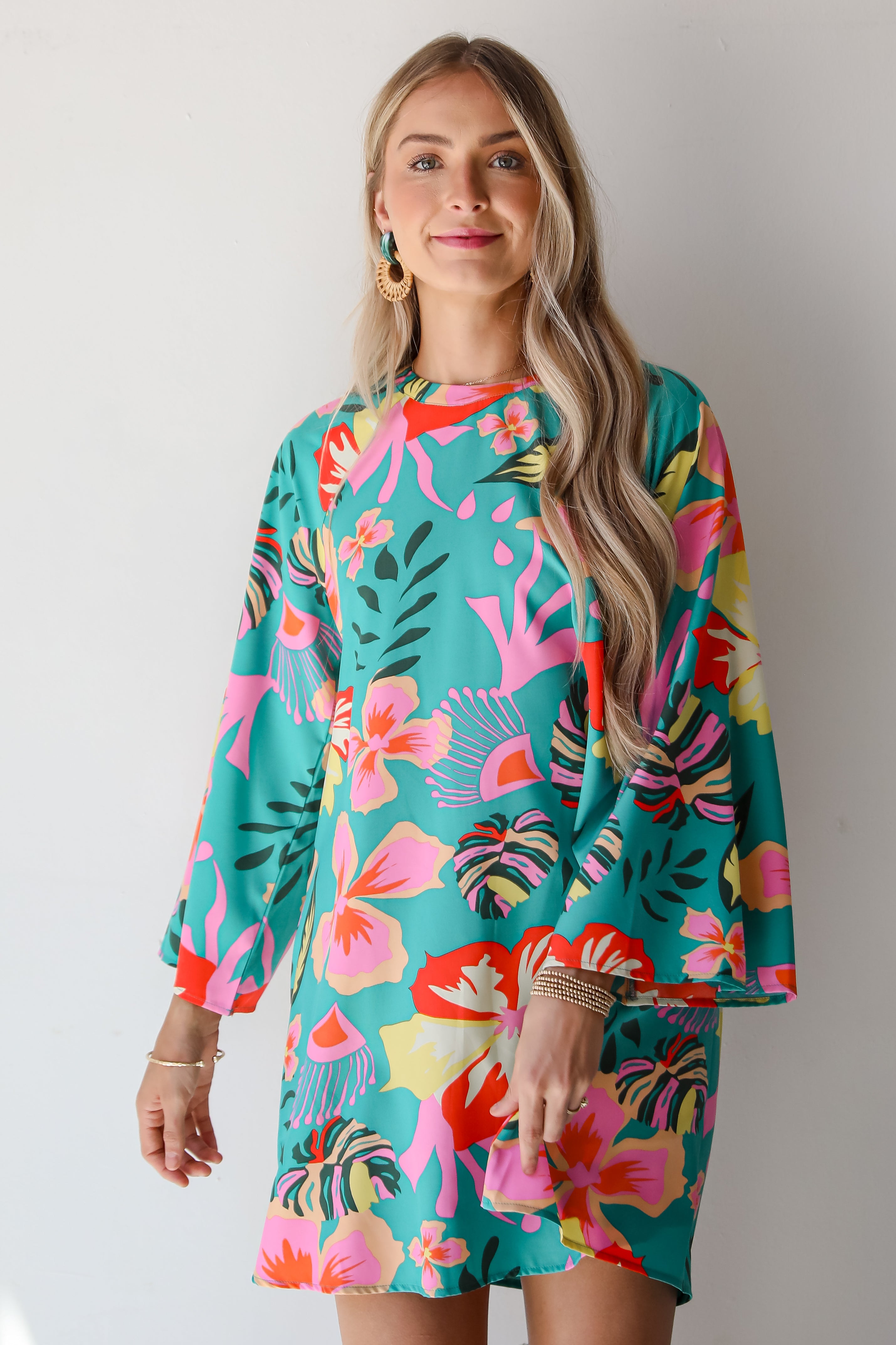 Island Ease Teal Tropical Mini Dress