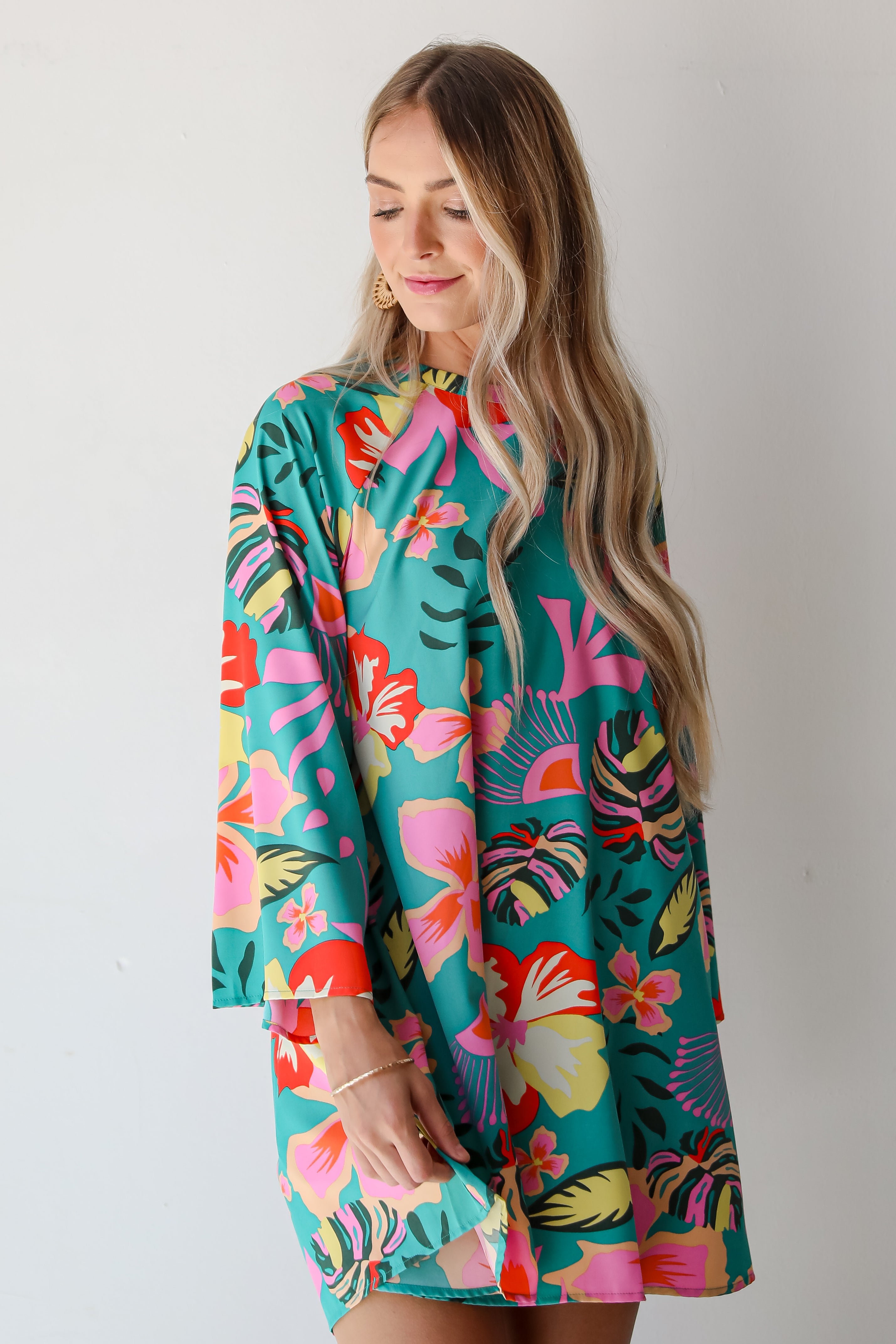 Island Ease Teal Tropical Mini Dress