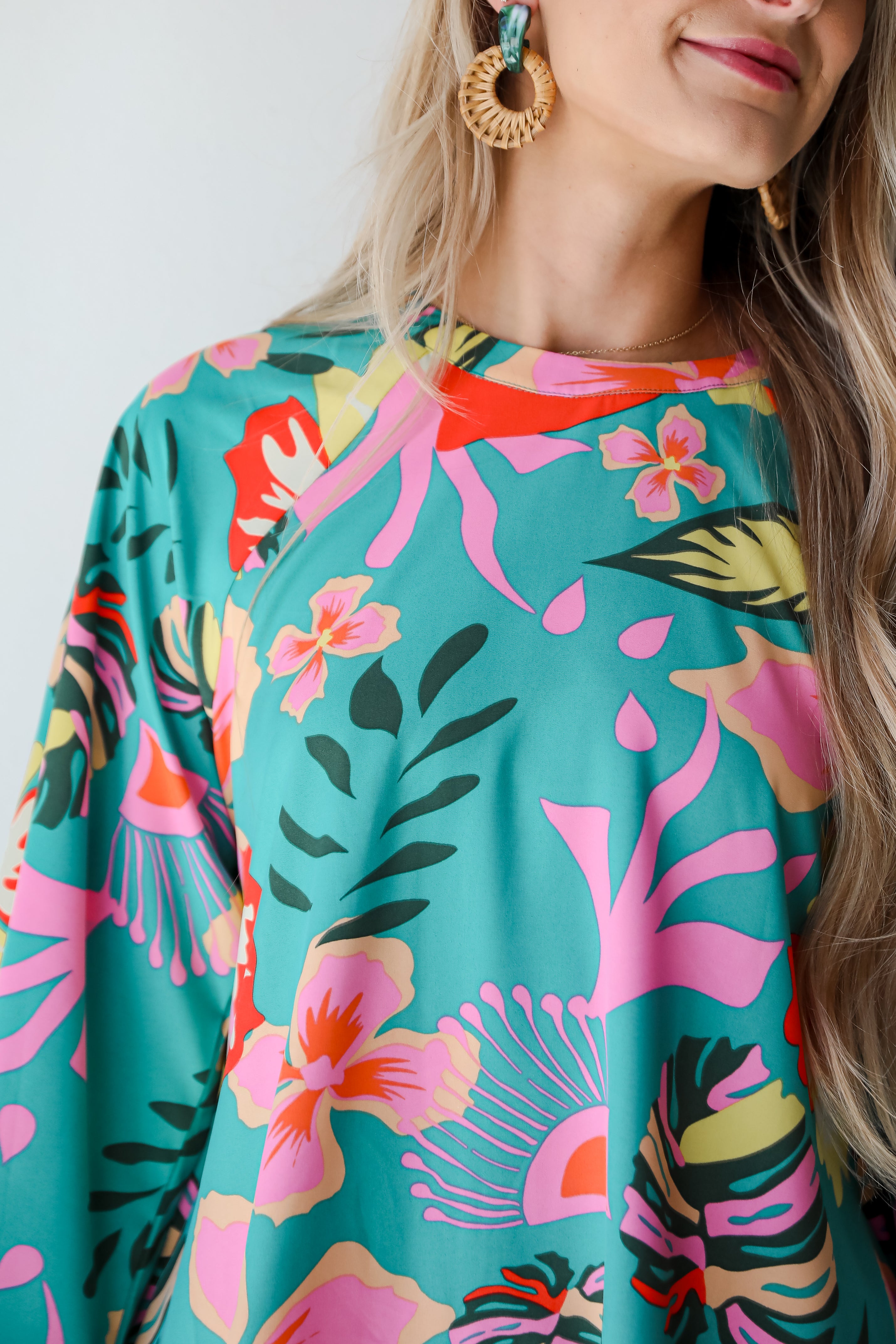 Island Ease Teal Tropical Mini Dress