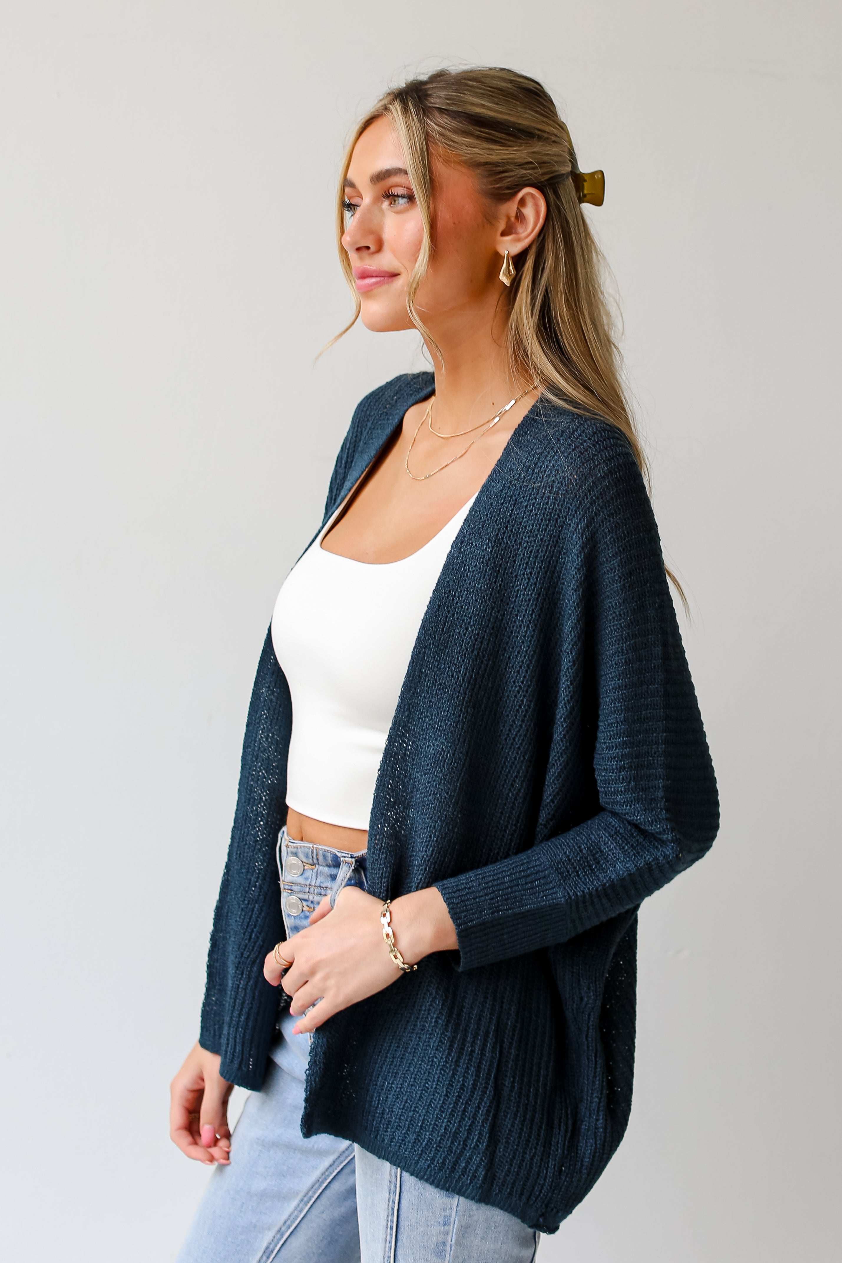 teal lightweight knit Cardigan side view