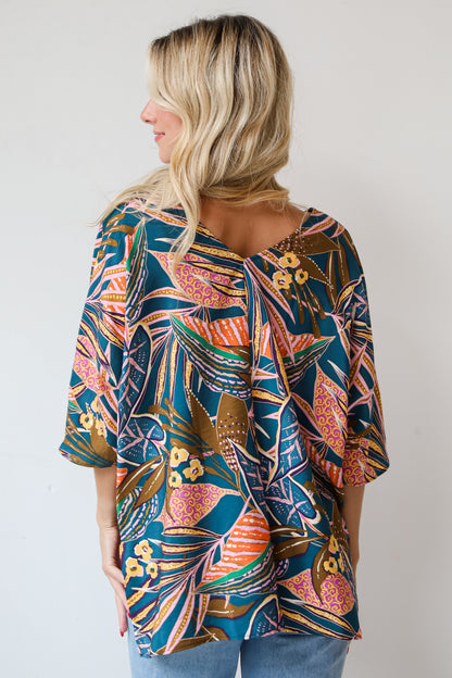 Incredible Allure Teal Leaf Print Oversized Blouse