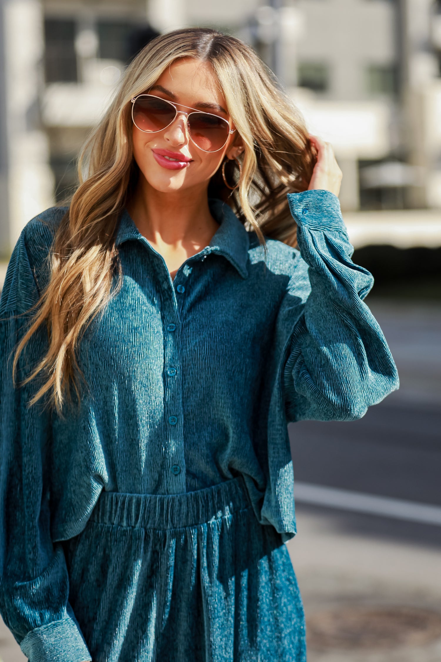 cute Teal Velvet Plisse Blouse