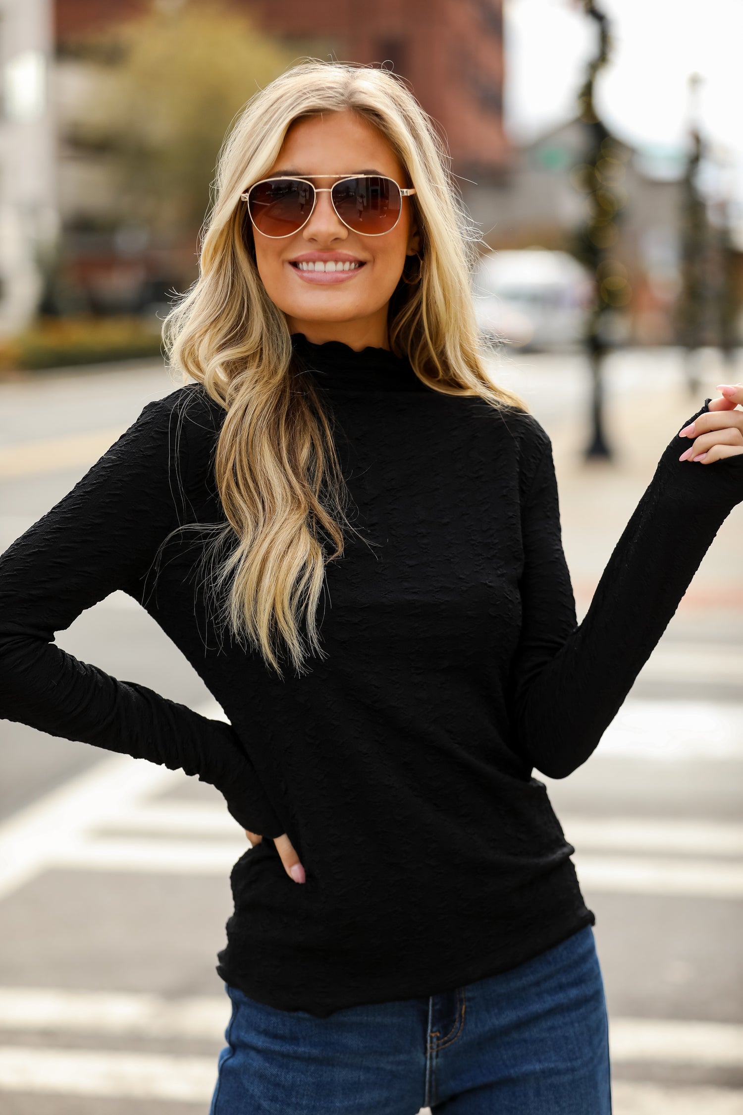 black Textured Mock Neck Top