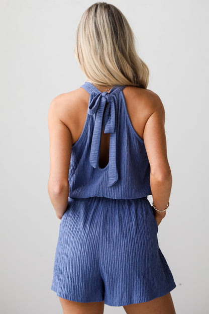 blue tie back romper