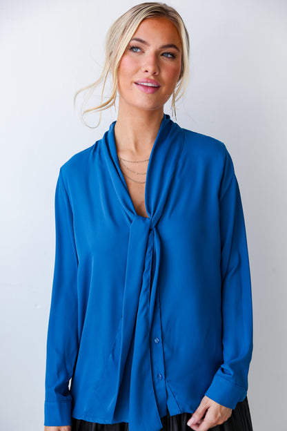 blue Tie-Front Button-Up Blouse front view