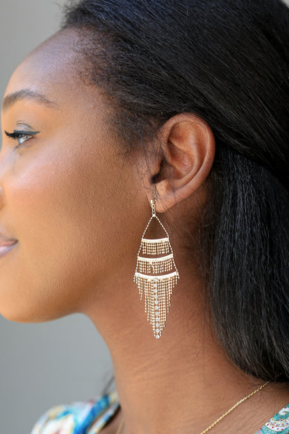 Gold Tiered Fringe Drop Earrings on dress up model