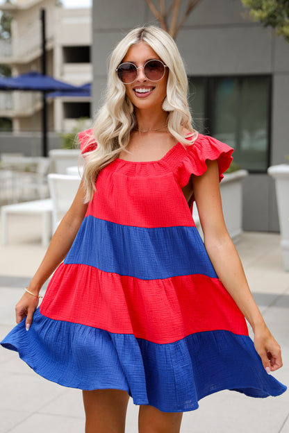 Dandy Darling Linen Tiered Color Block Mini Dress