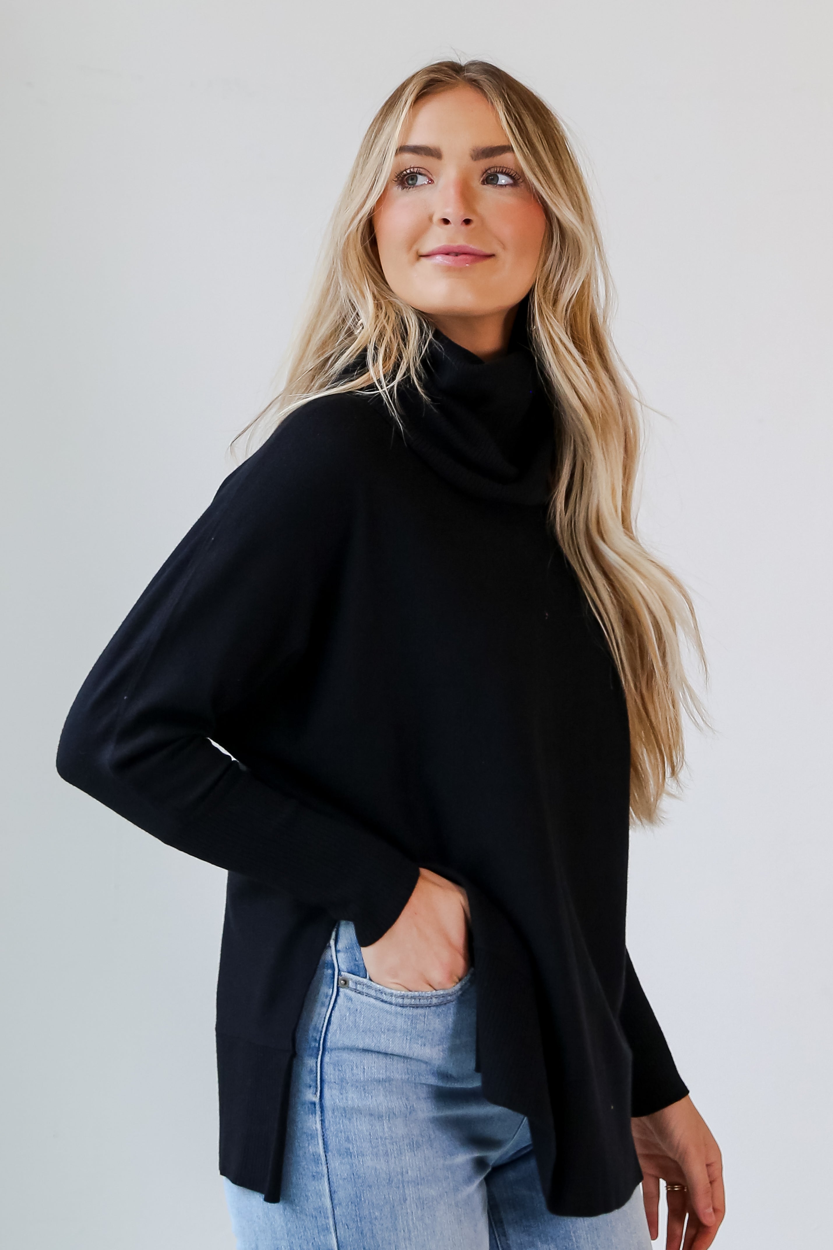 black Turtleneck Oversized Sweater side view