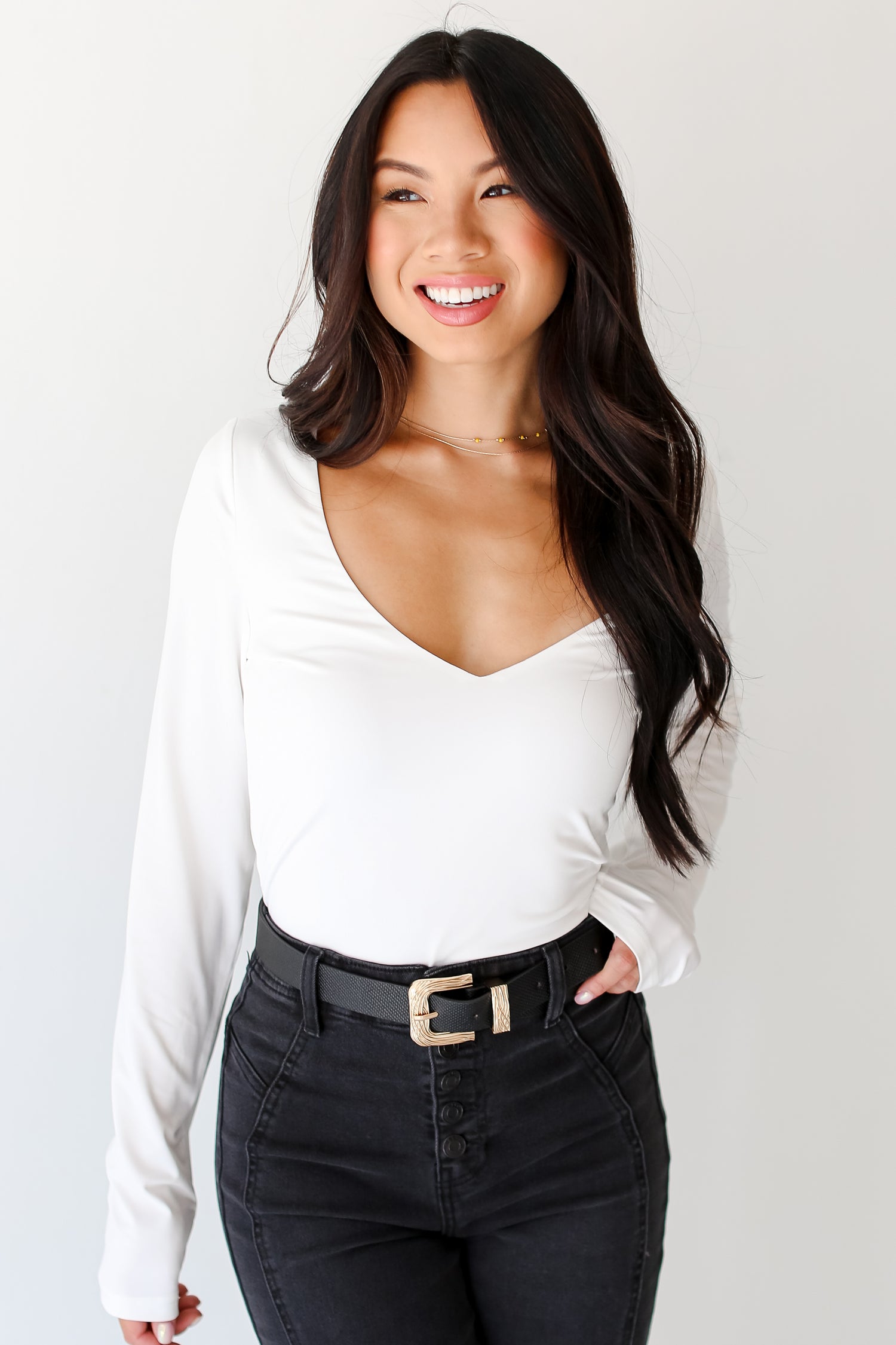 white V-Neck Long Sleeve Bodysuit front view