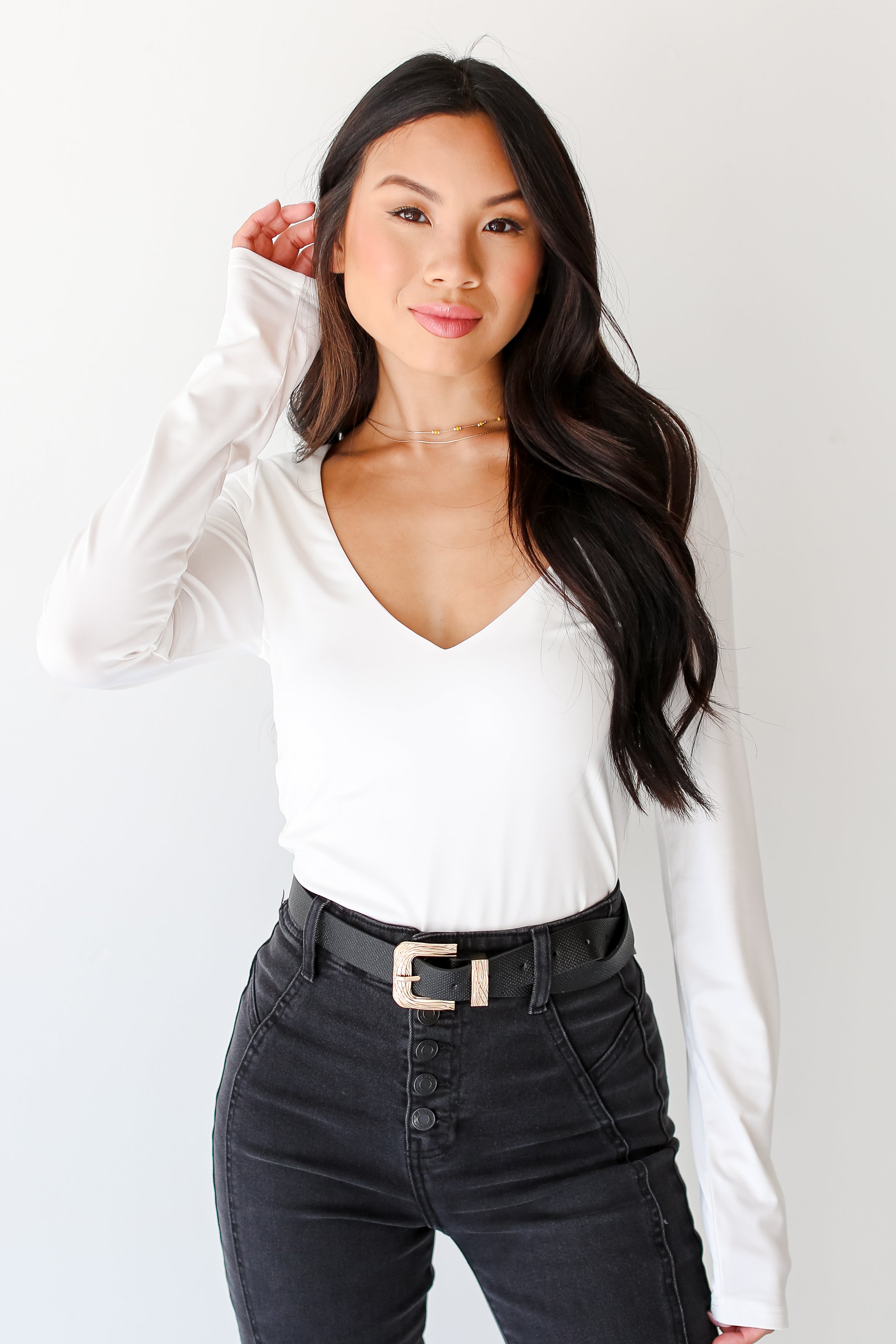 white V-Neck Long Sleeve Bodysuit front view