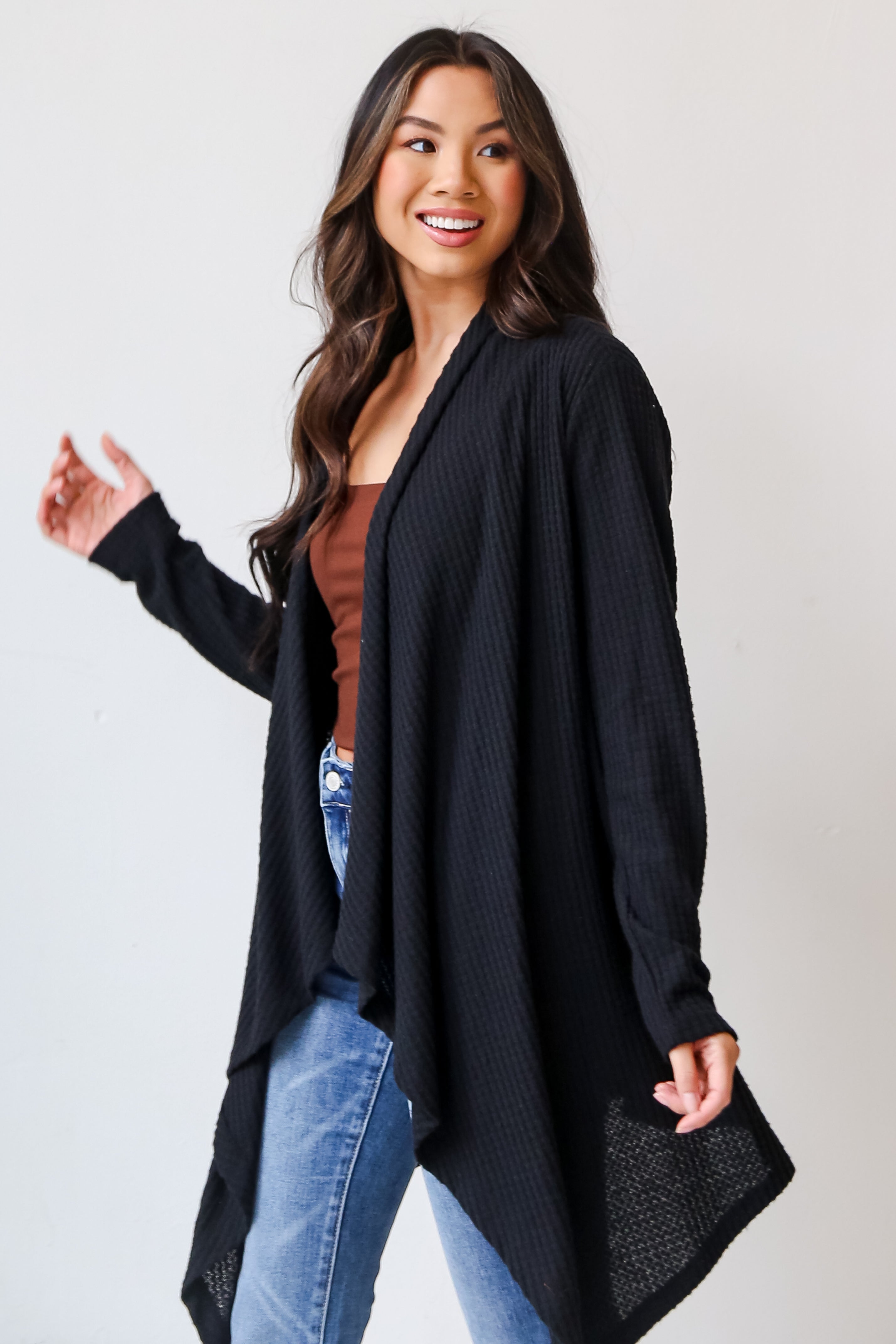 black Brushed Waffle Knit Cardigan side view