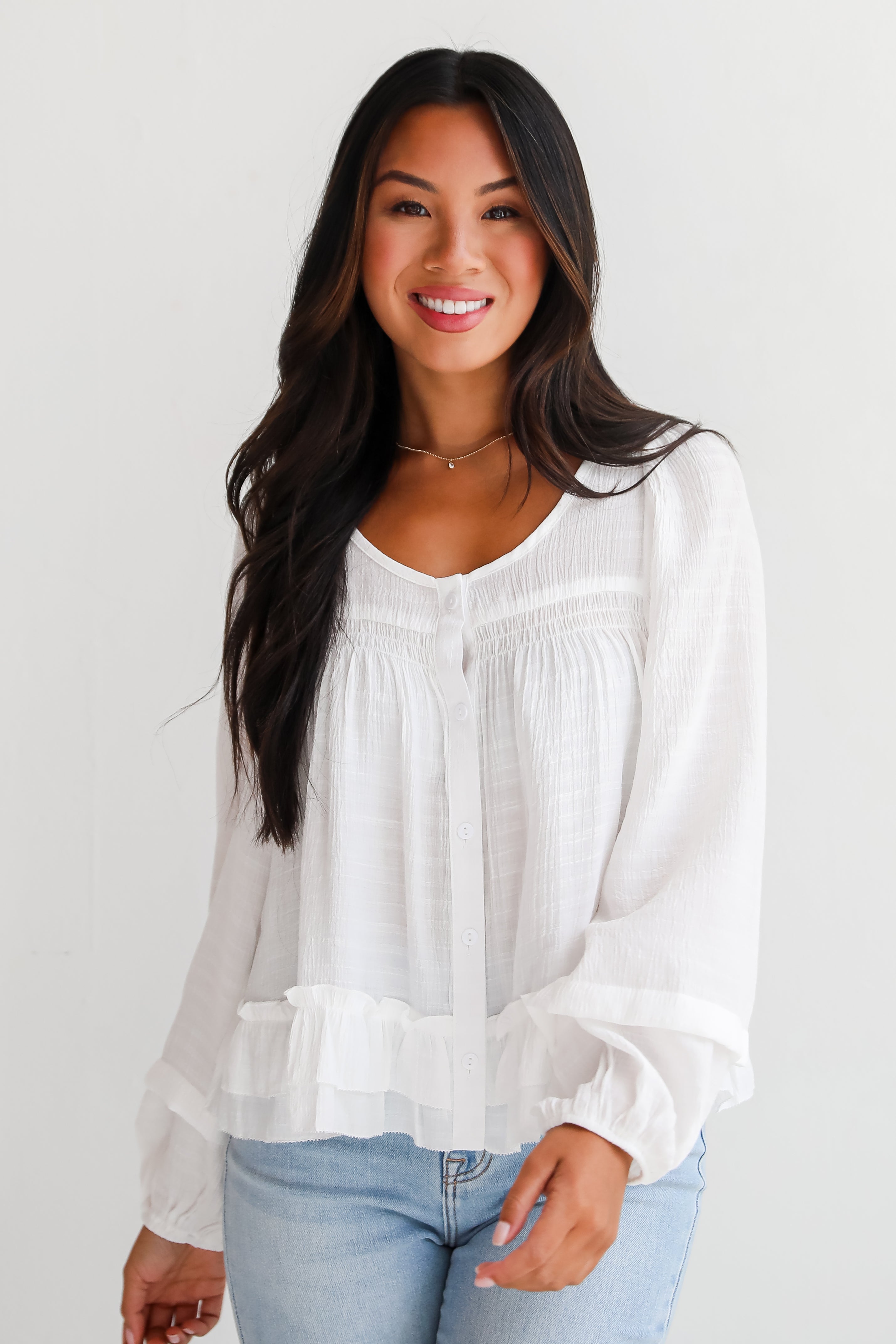 Composed Personality White Ruffle Blouse