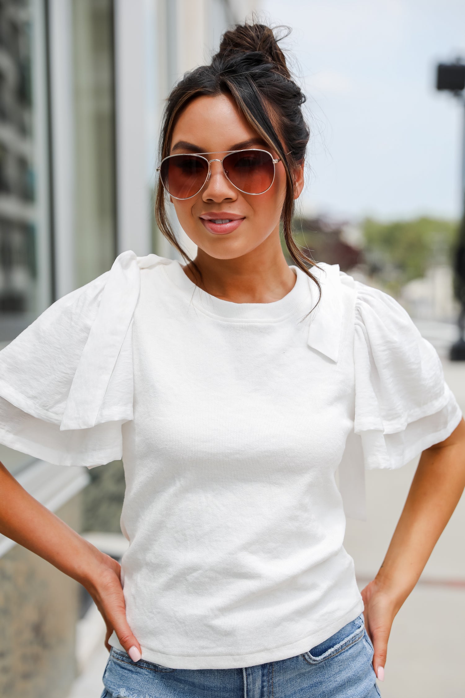 Amazingly Sweet White Bow Sleeve Top