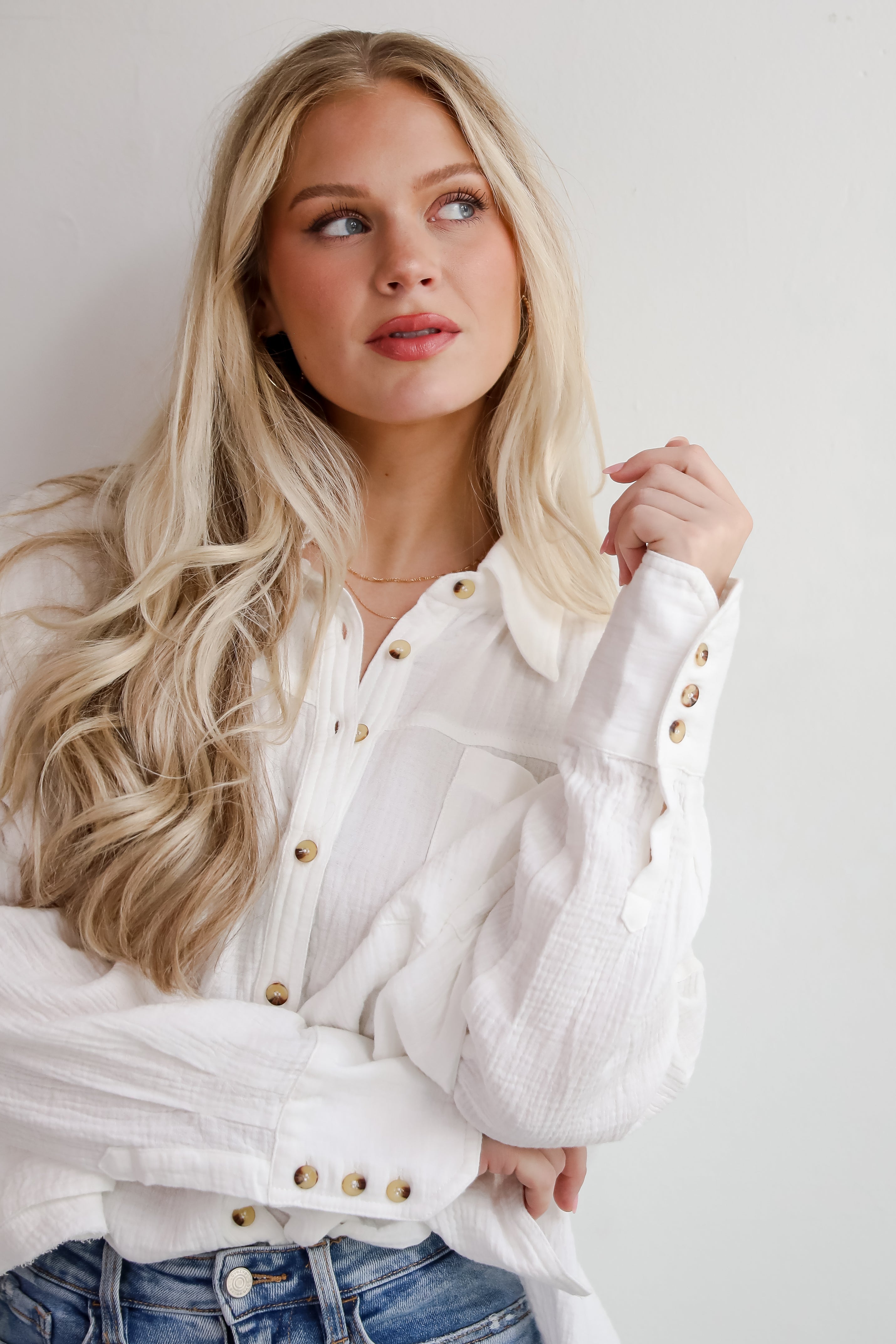 Adorable Attention White Linen Button-Up Blouse