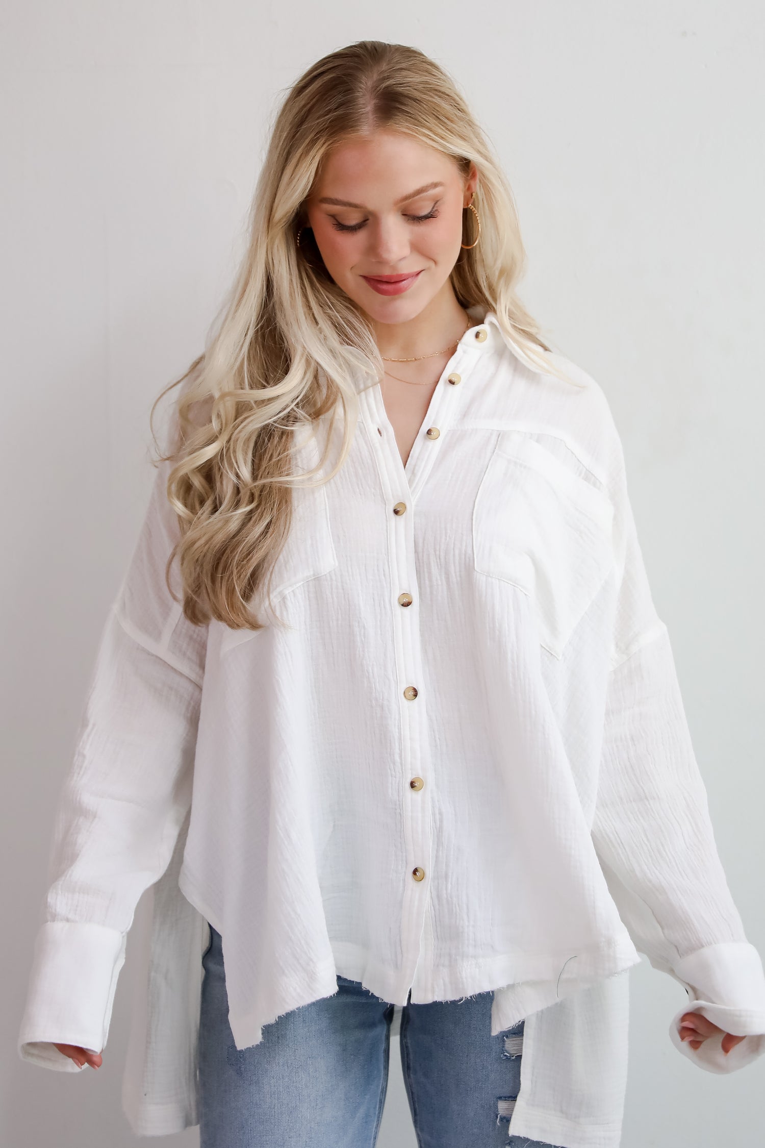 Adorable Attention White Linen Button-Up Blouse