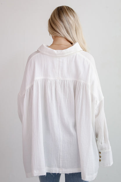 Adorable Attention White Linen Button-Up Blouse