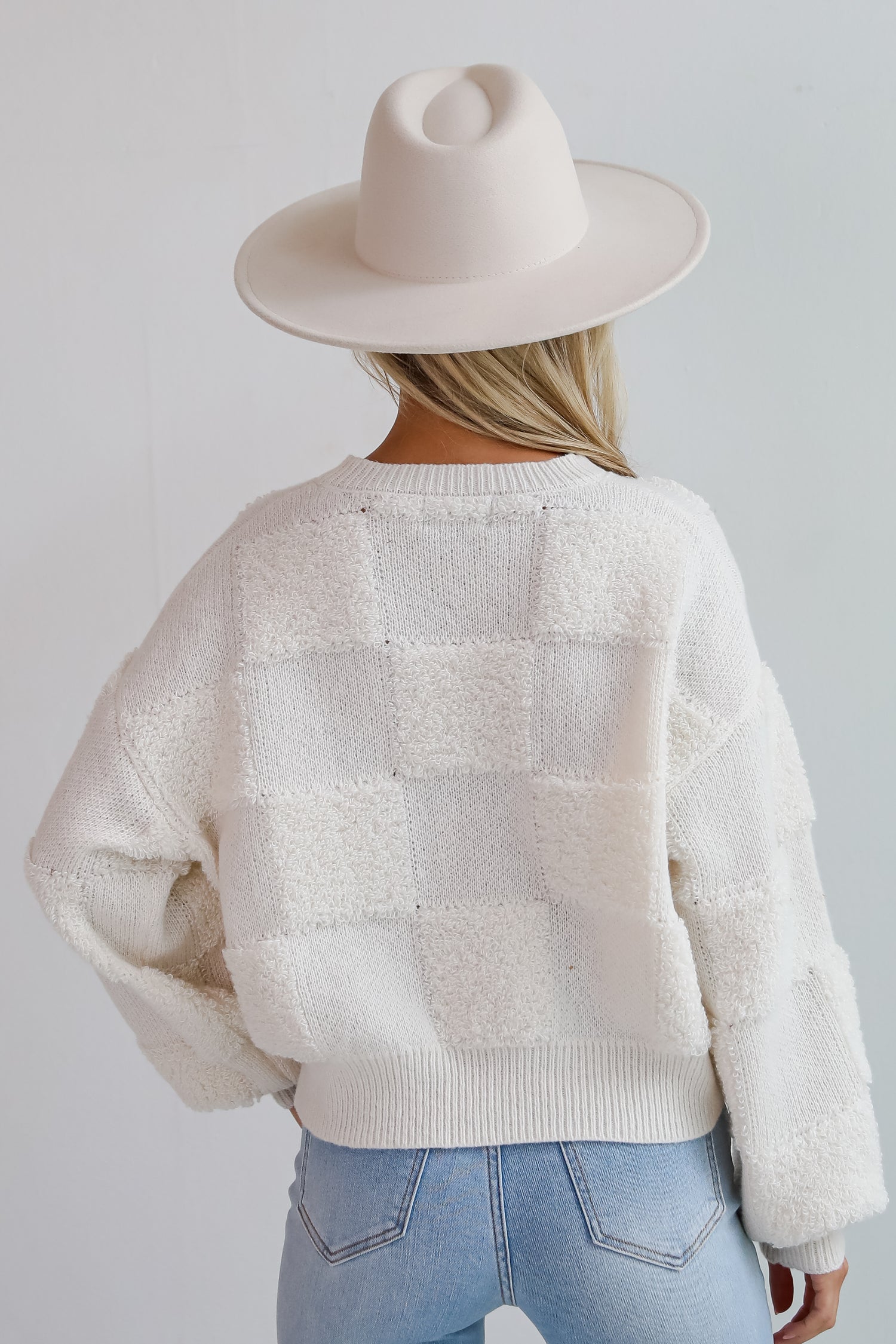 Cozy Effect Cream Checkered Fuzzy Knit Sweater