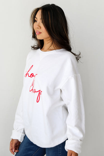 White Chop Chop Script Pullover side view