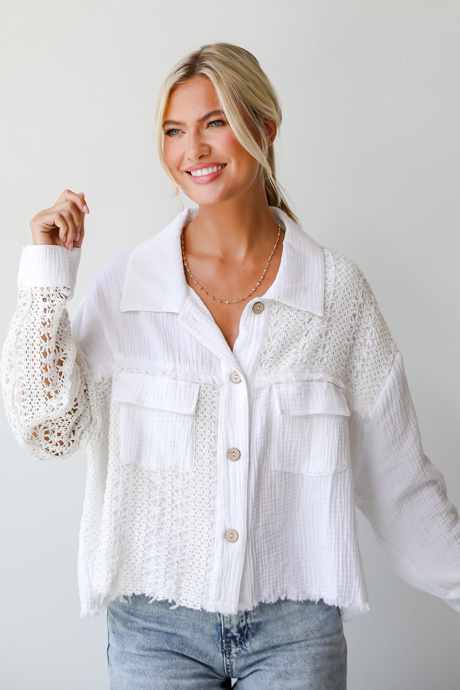 Dearly Adored White Linen Crochet Blouse