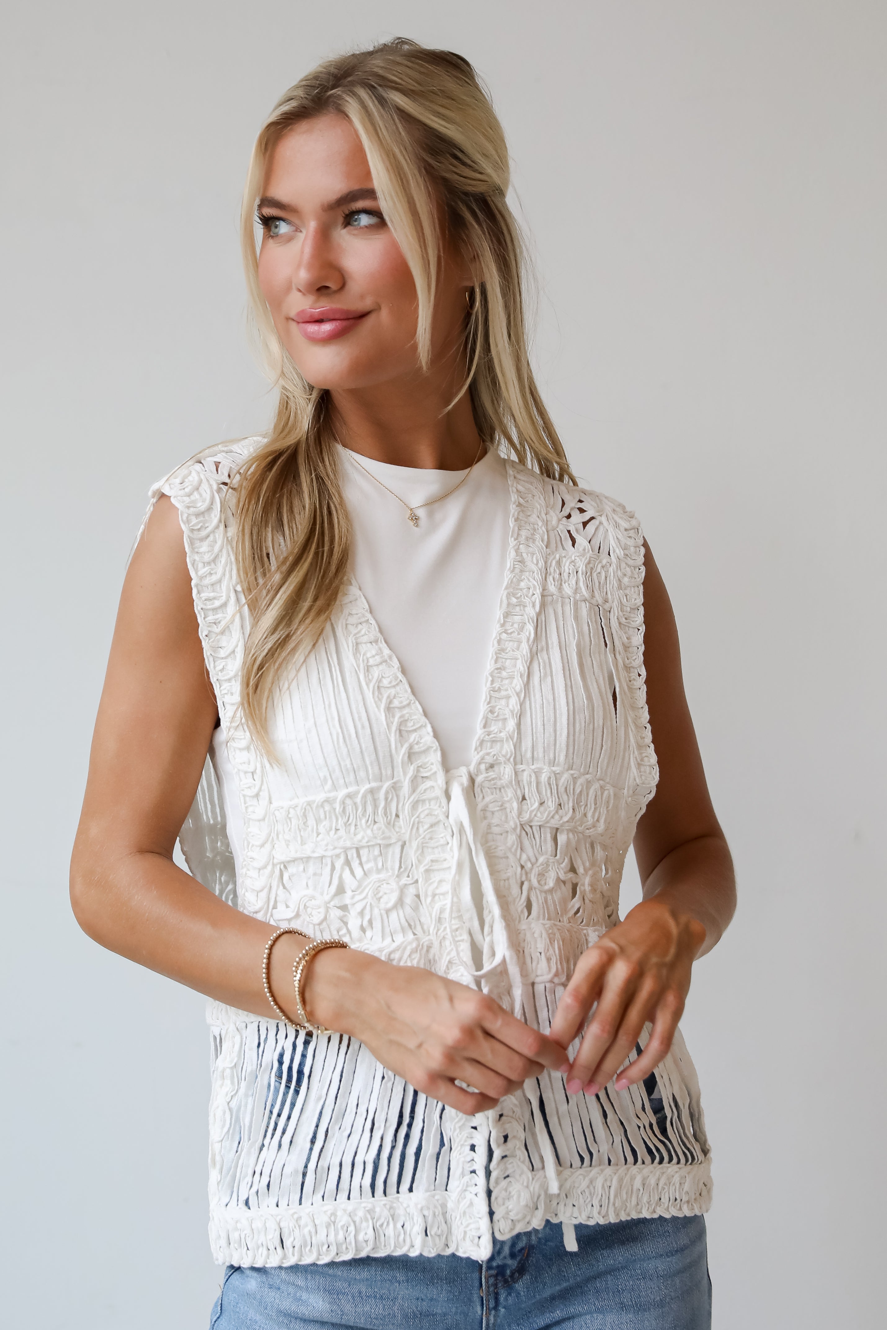 Upscale Look White Crochet Knit Vest