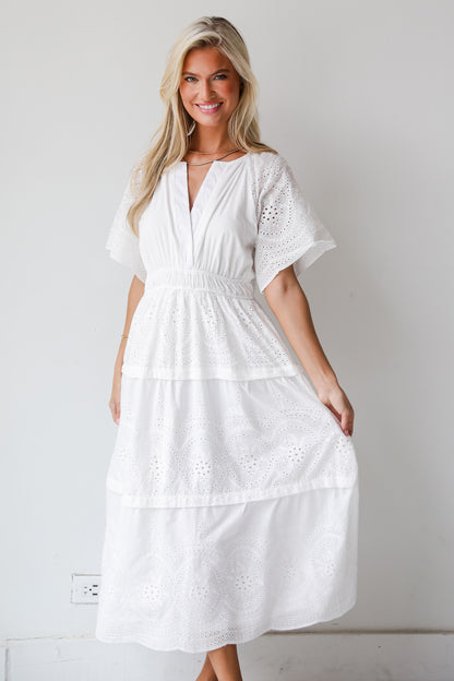 Perfect Sunshine White Eyelet Midi Dress