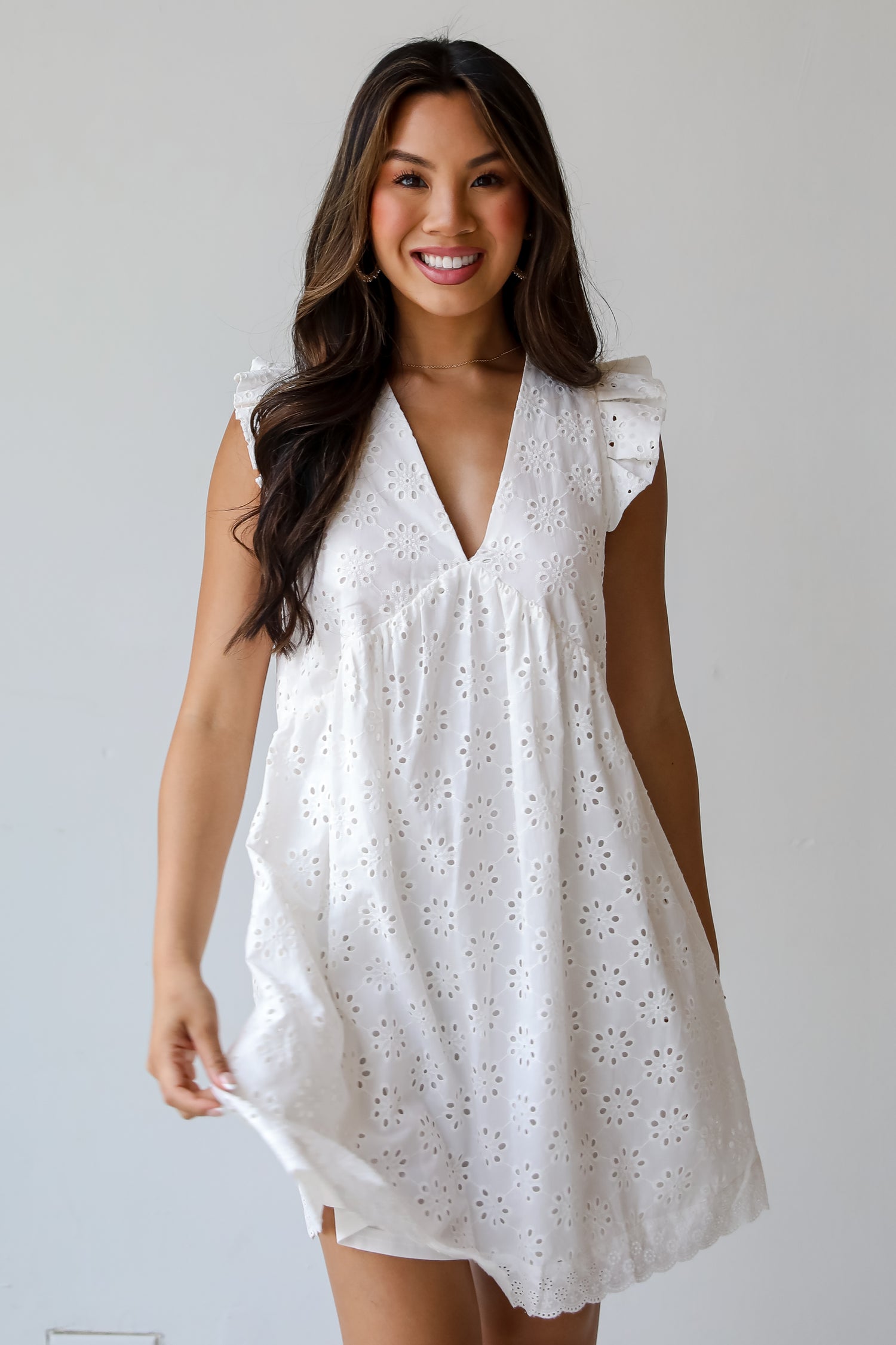 Deeply Delightful White Eyelet Babydoll Mini Dress