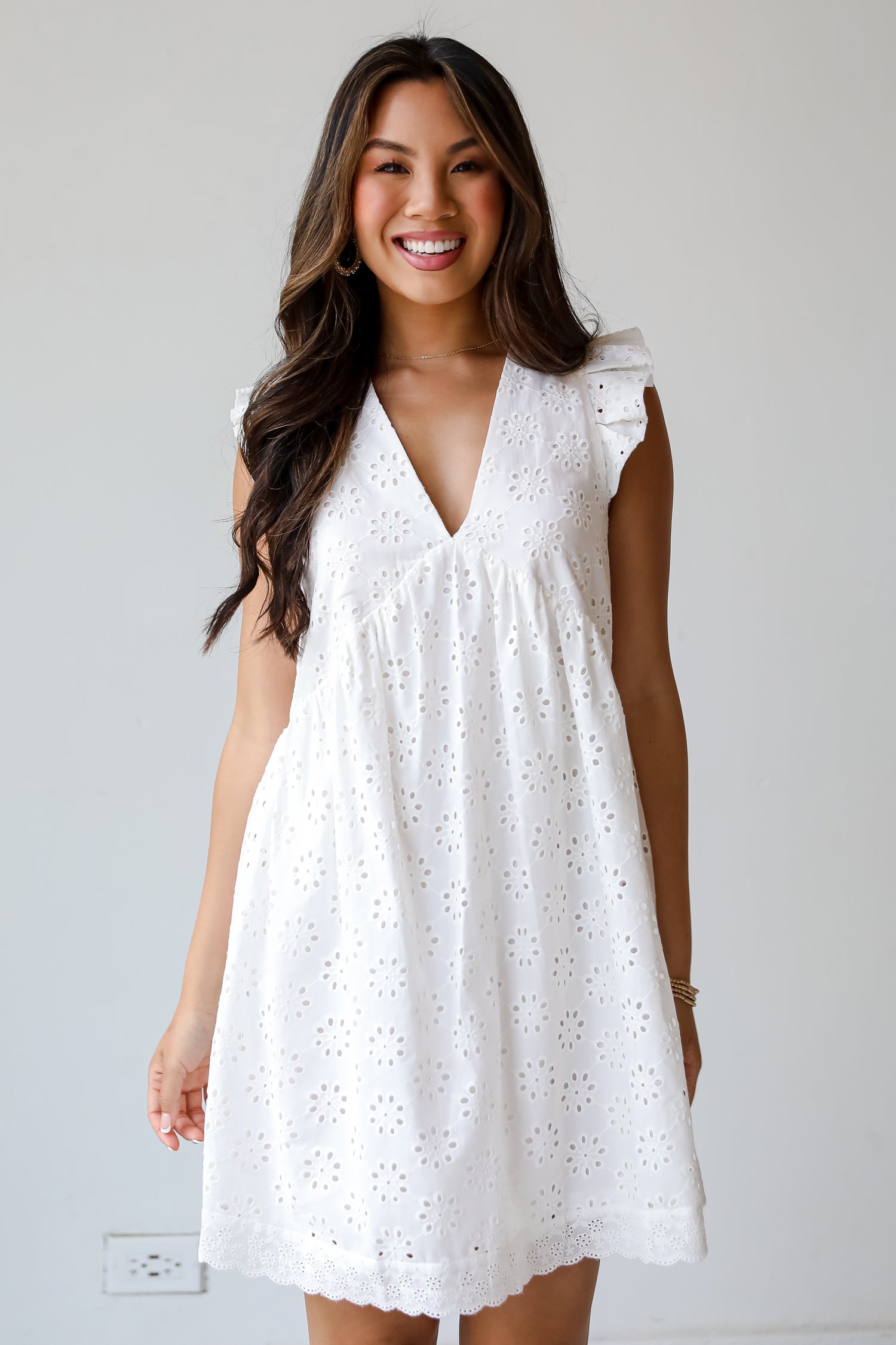 Deeply Delightful White Eyelet Babydoll Mini Dress