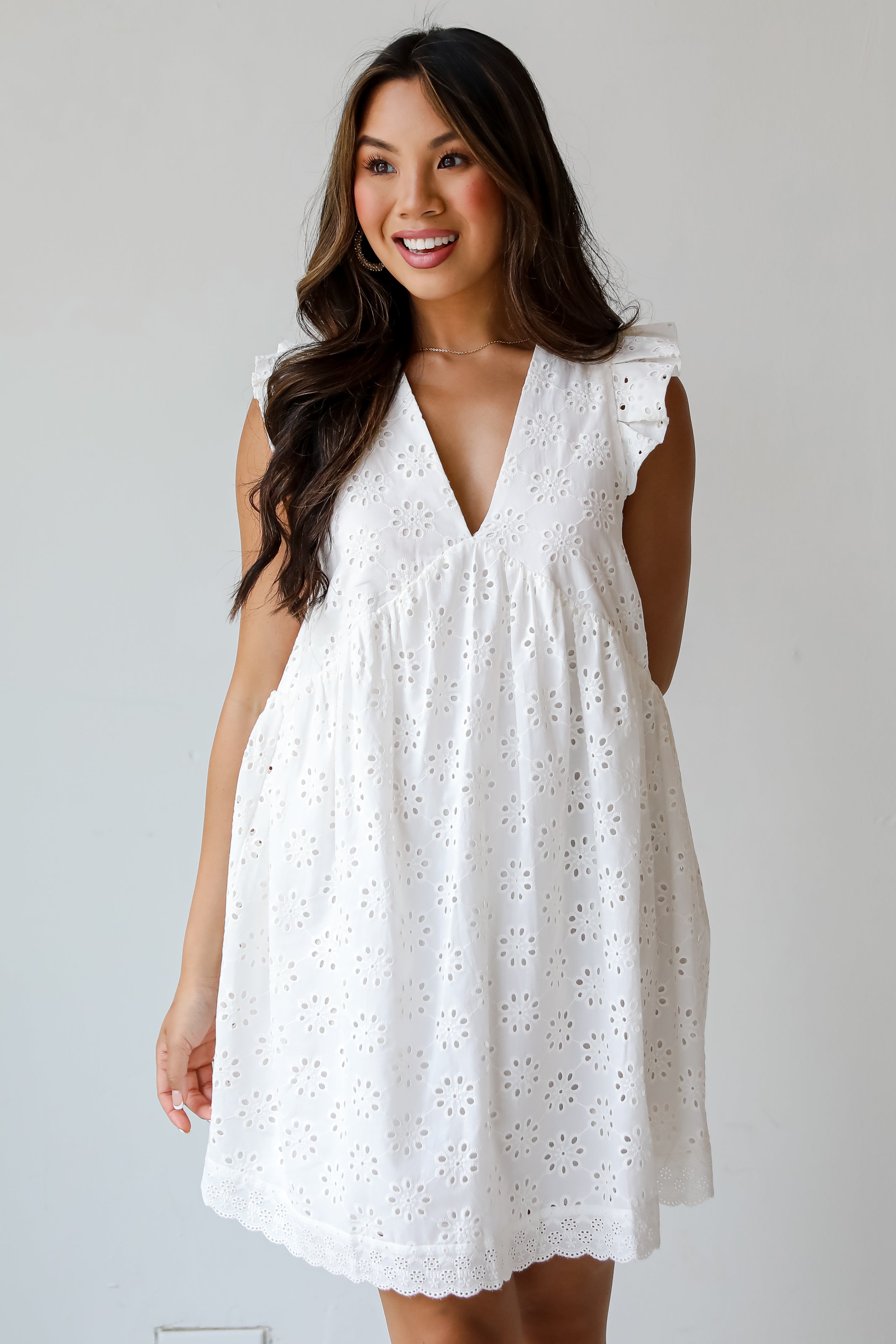 Deeply Delightful White Eyelet Babydoll Mini Dress