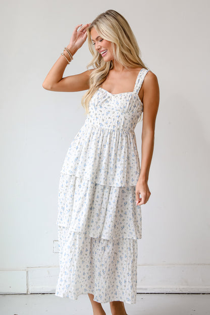 Ivory Floral Tiered Midi Dress