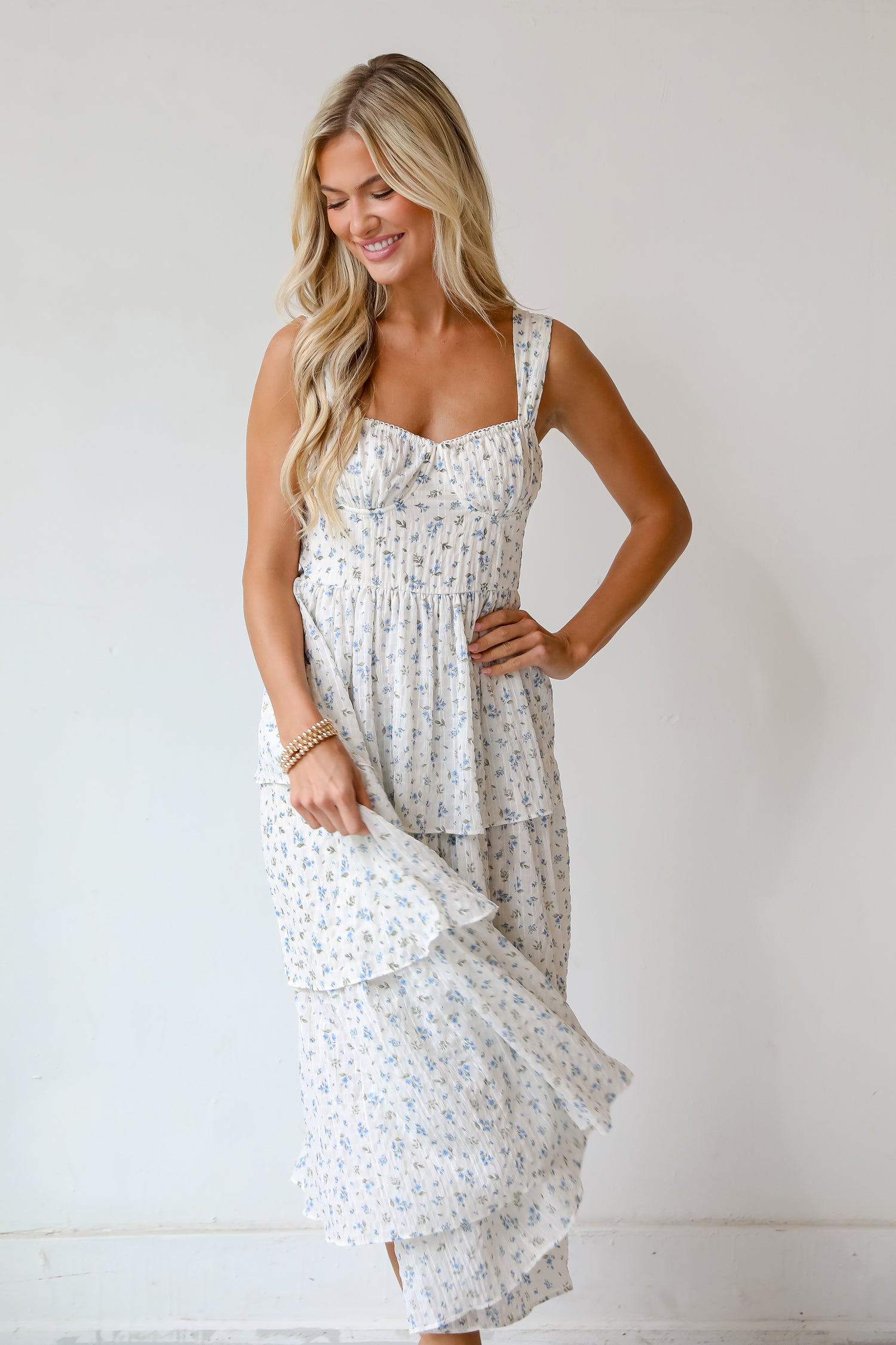 Ivory Floral Tiered Midi Dress