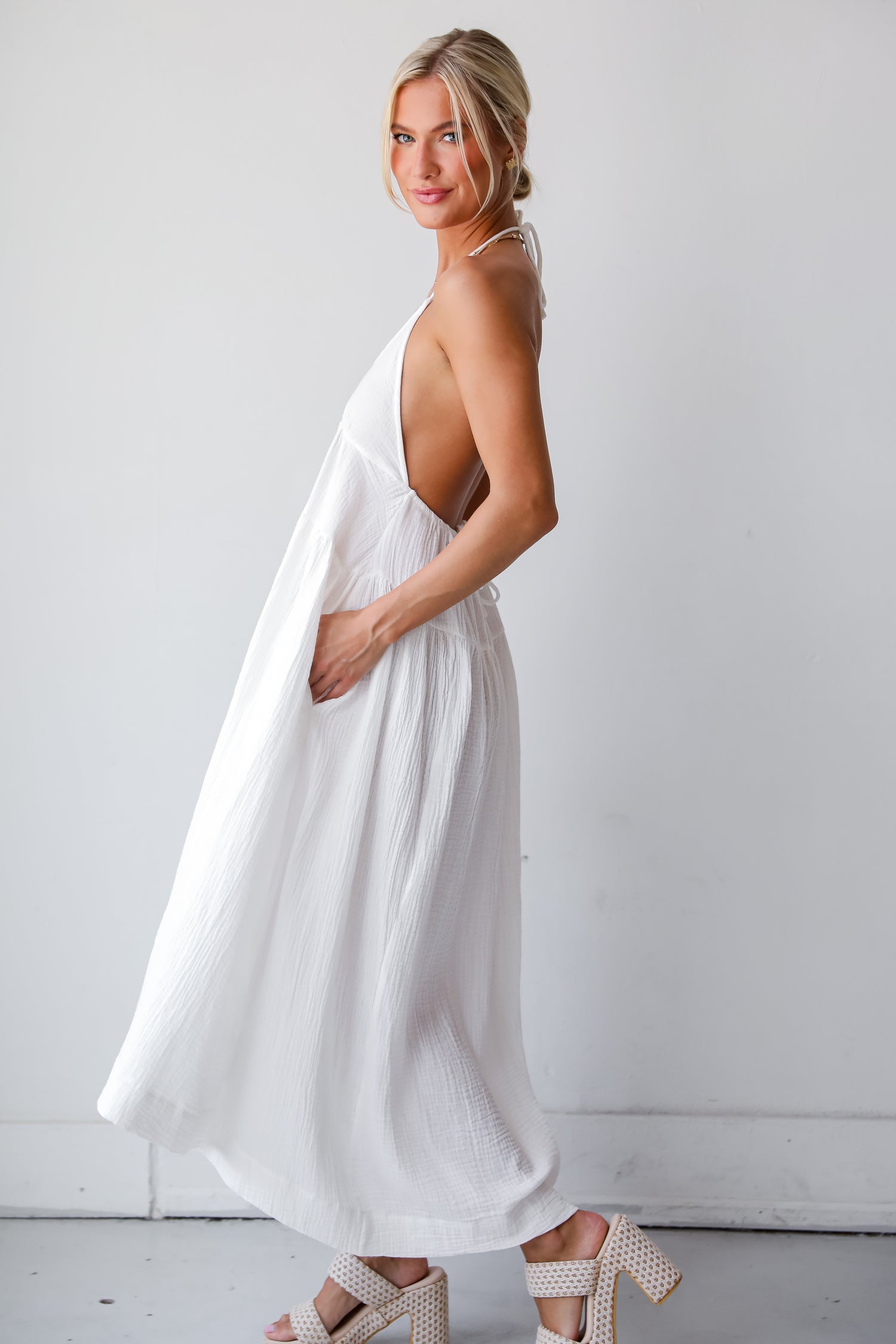 Memorable Entrance White Linen Halter Midi Dress