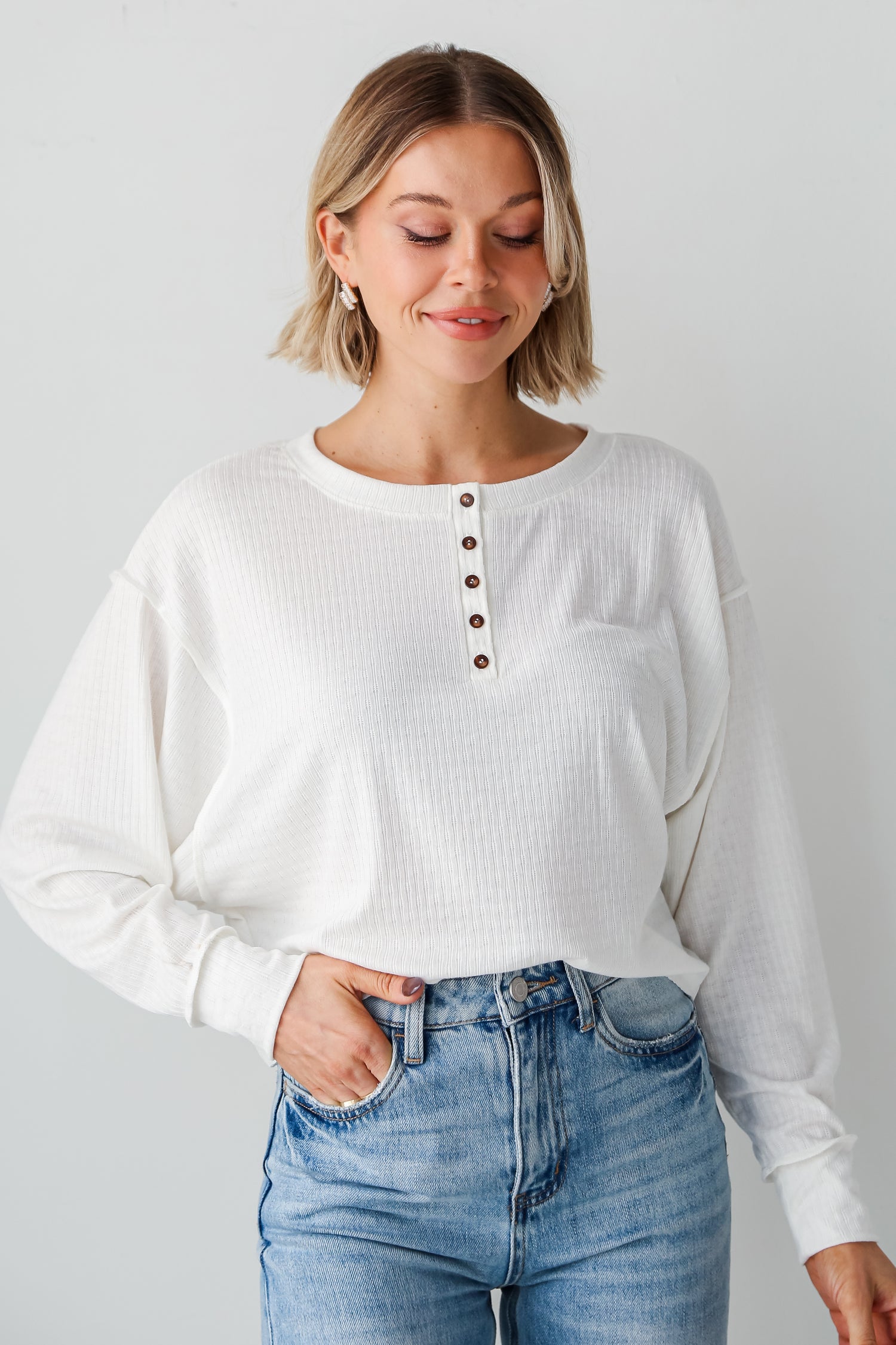 lightweight White Henley Knit Top