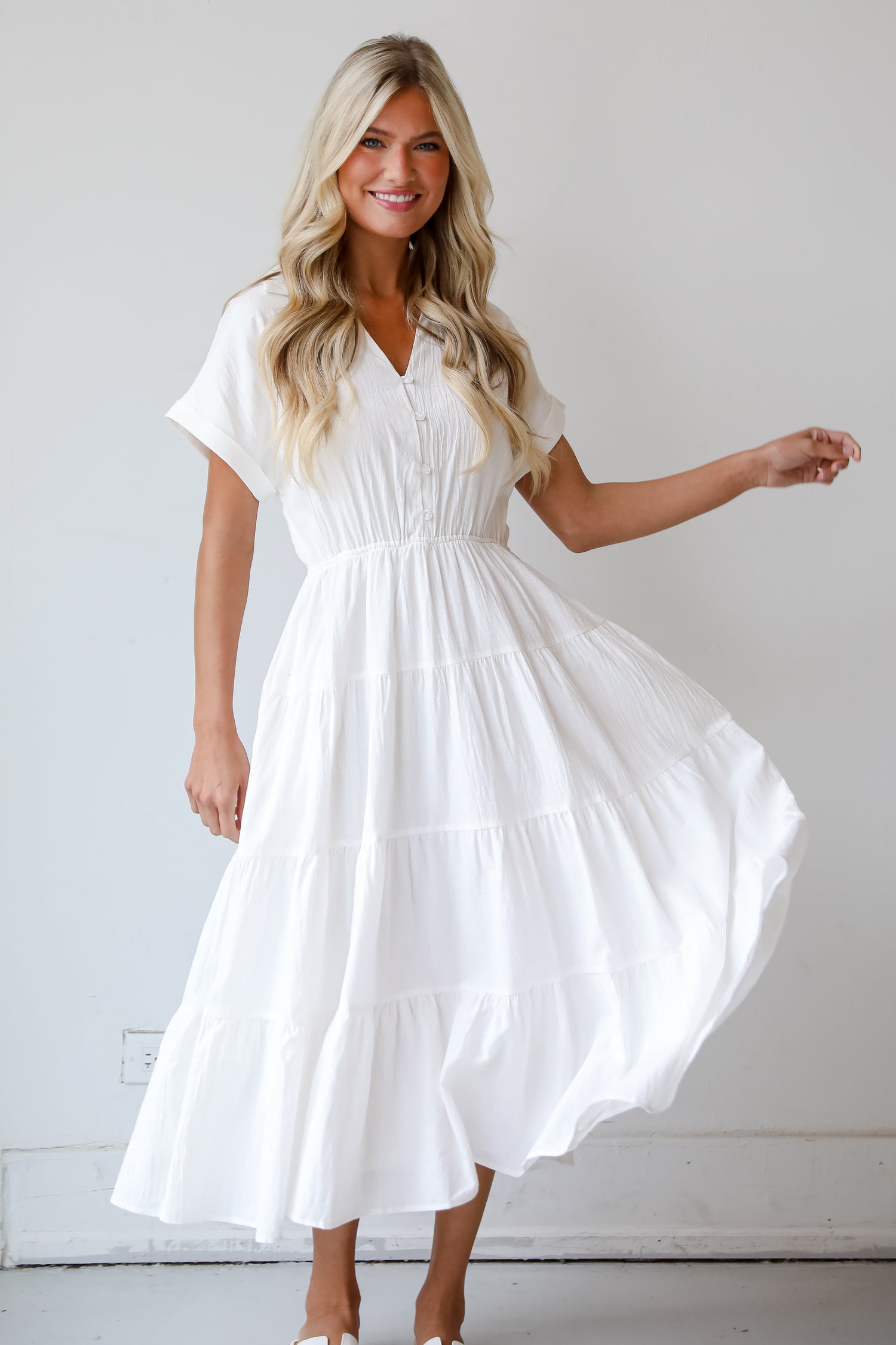 Summer Standard Off White Tiered Midi Dress