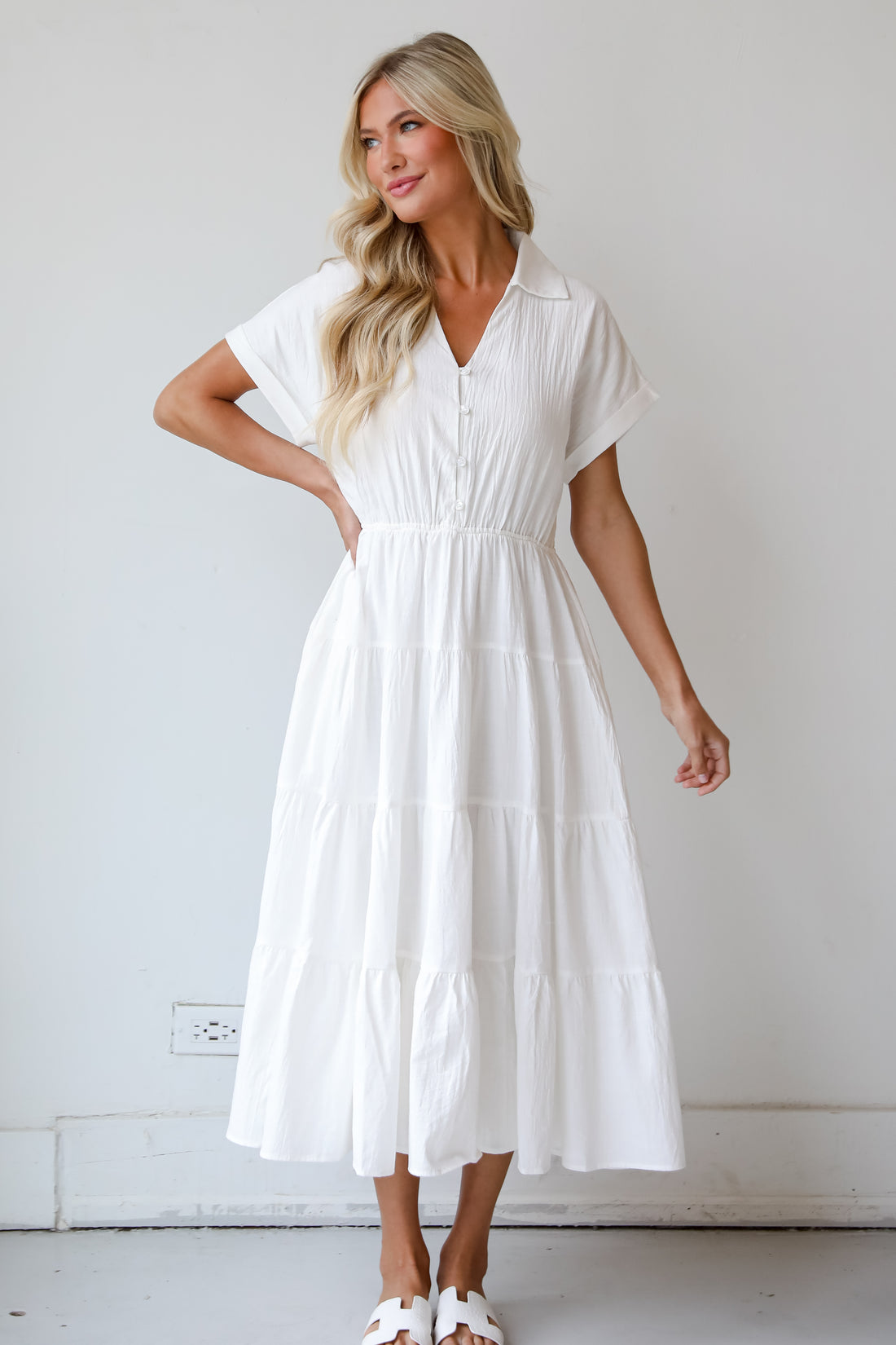 Summer Standard Off White Tiered Midi Dress