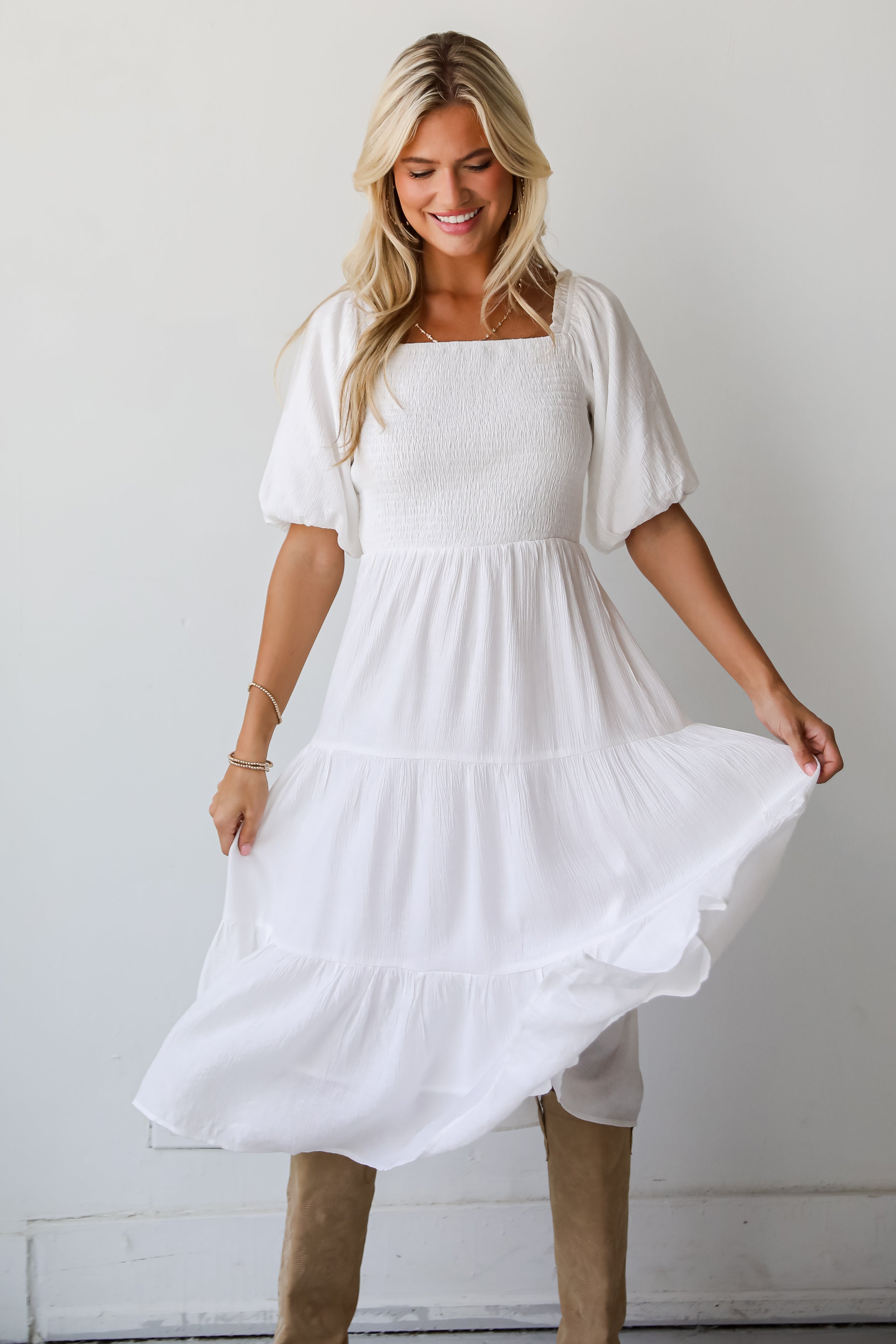 Bubbly Beauty White Tiered Midi Dress