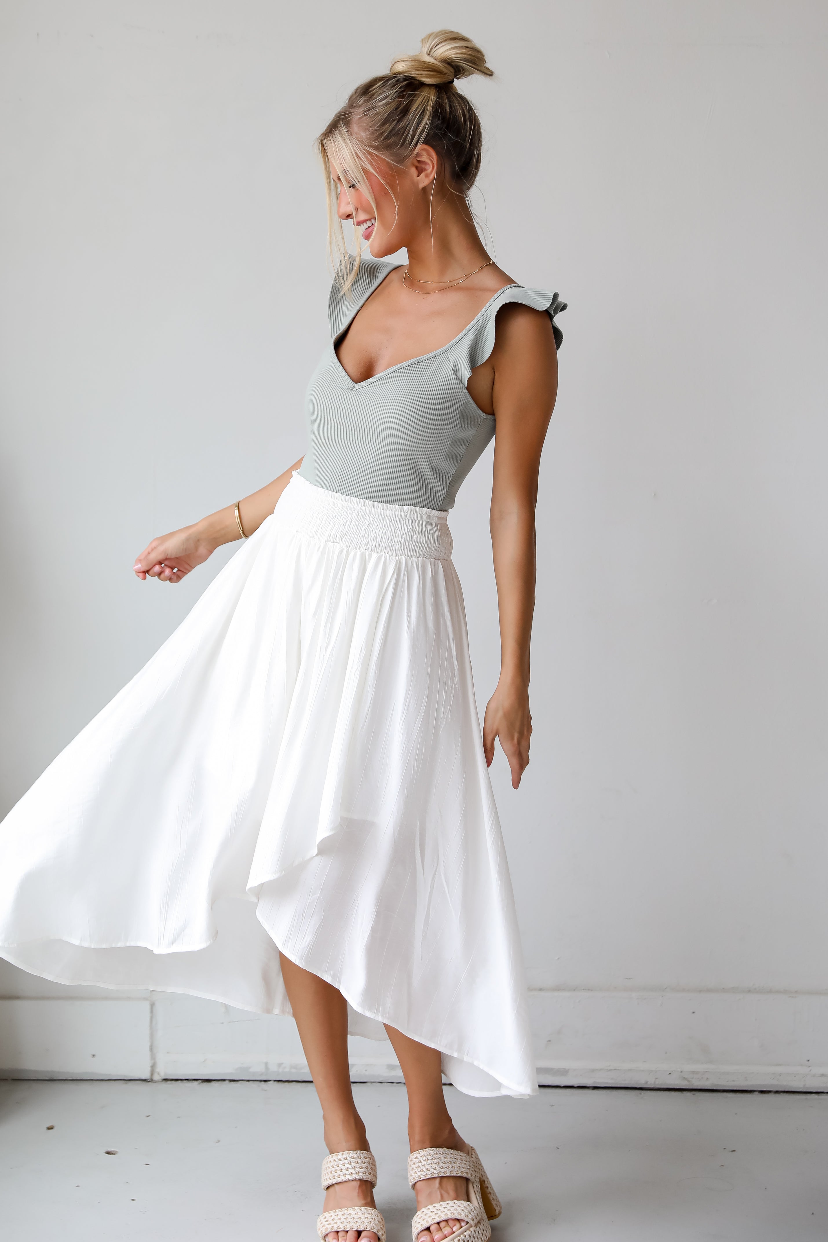 Dreamy Crush White Satin Midi Skirt