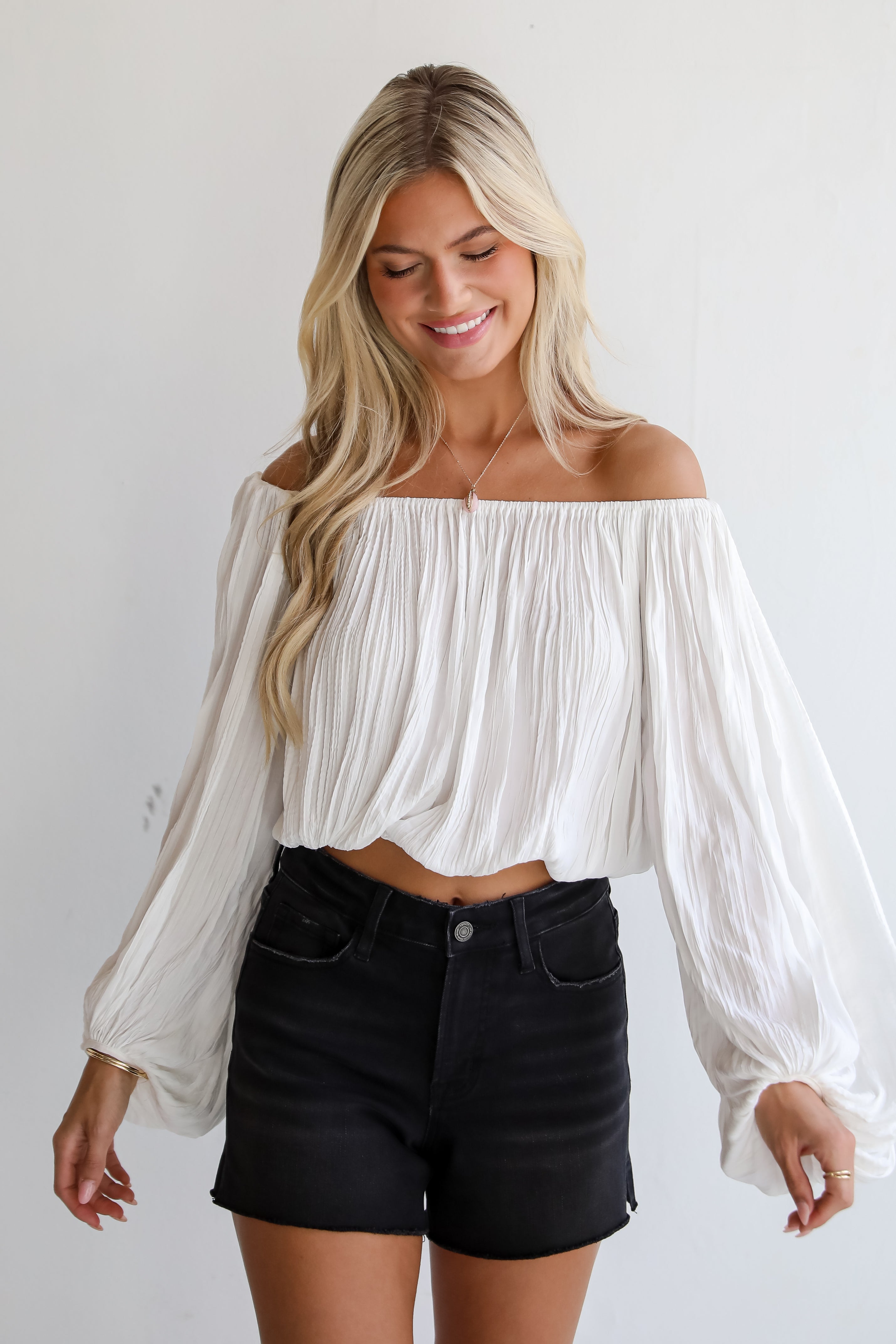 White Satin Off-The-Shoulder Blouse