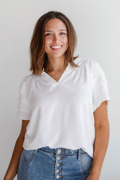 Adorably Captivating Off White Ruffle Sleeve Blouse