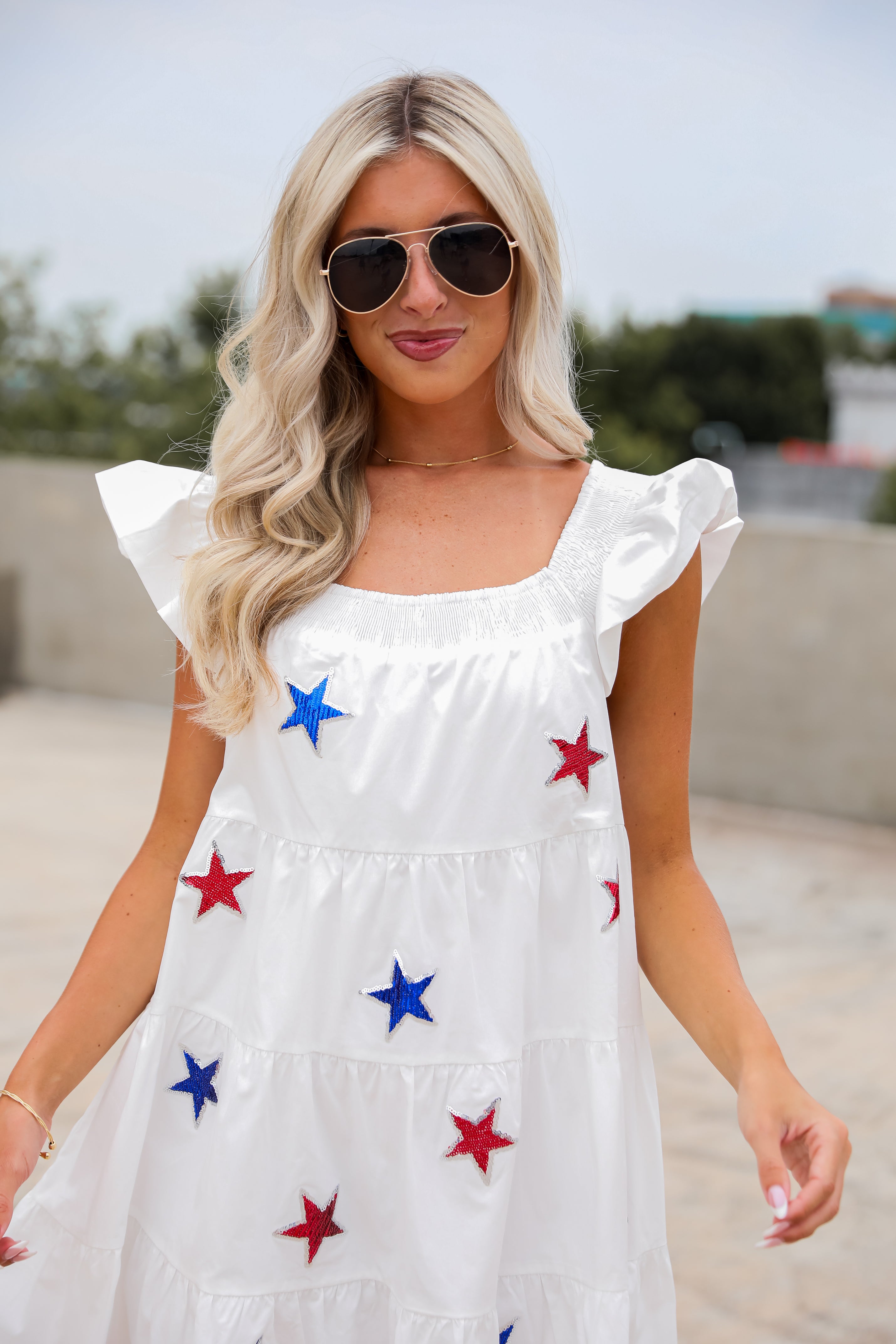 Sensationally Precious White Sequin Star Tiered Mini Dress