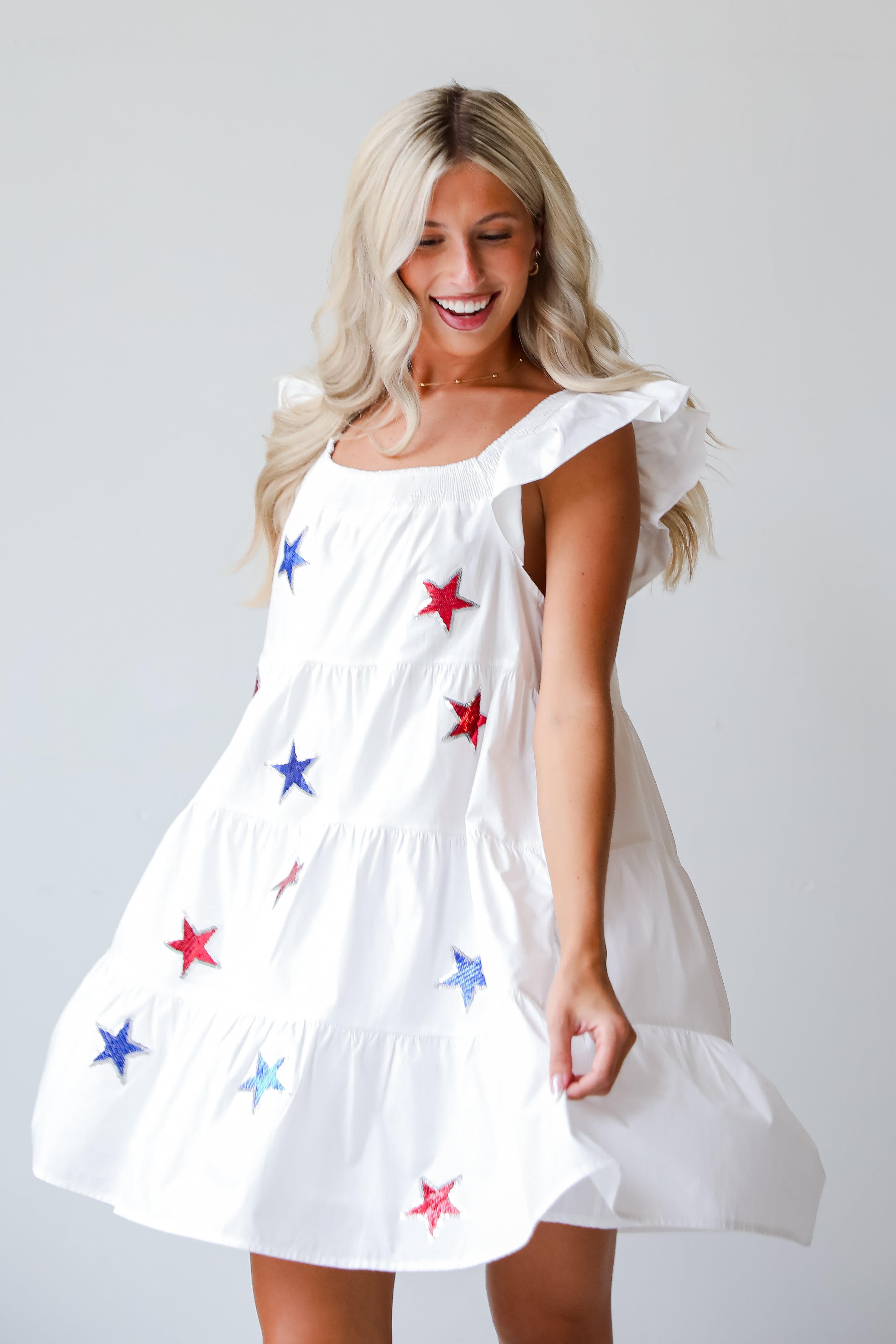 Sensationally Precious White Sequin Star Tiered Mini Dress