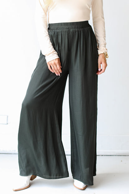 olive Satin Wide Leg Pants close up