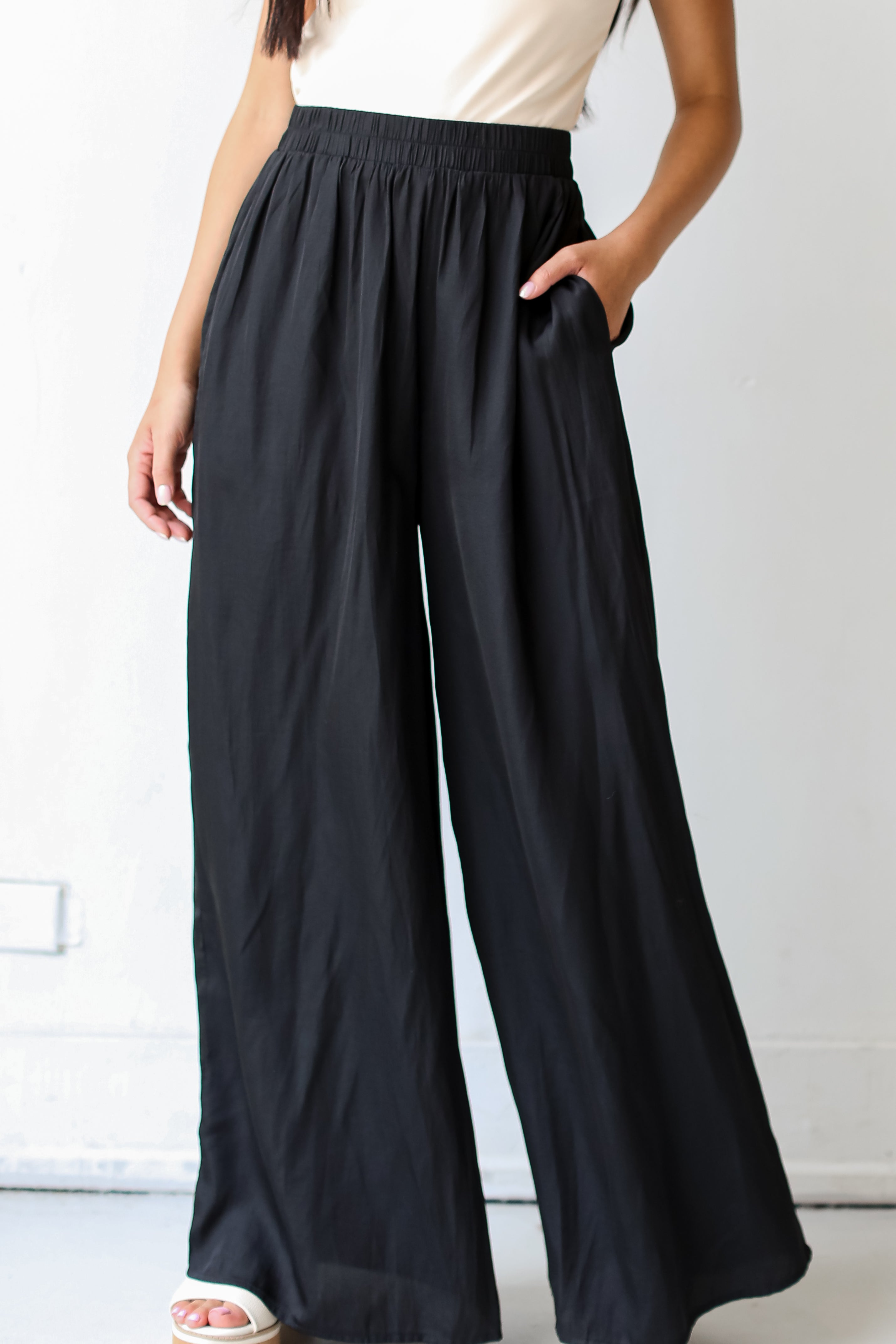 black Satin Wide Leg Pants close up