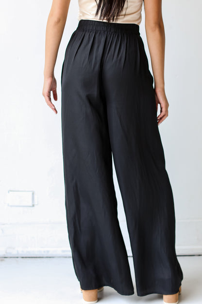 black Satin Wide Leg Pants back view