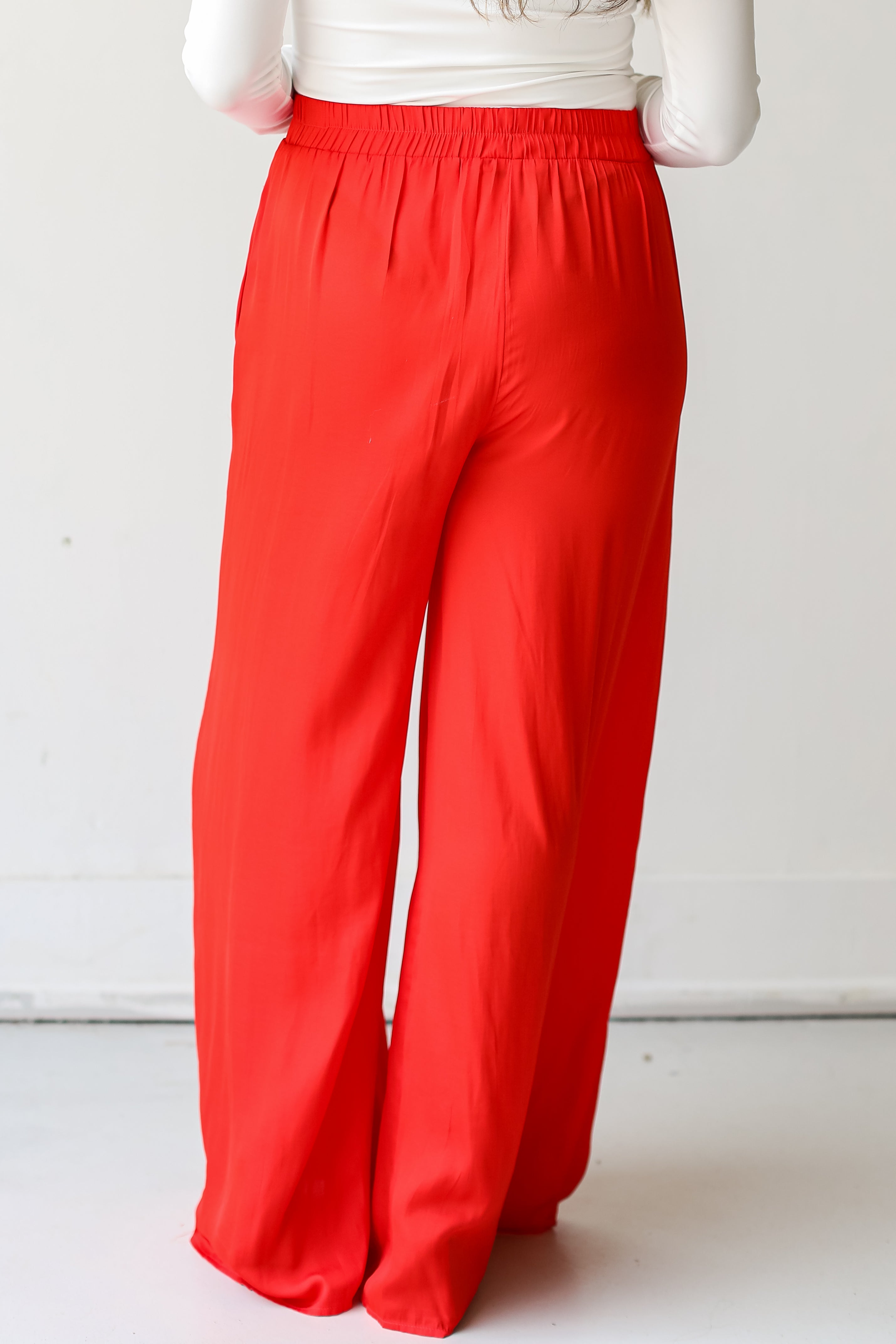 red Satin Wide Leg Pants back view