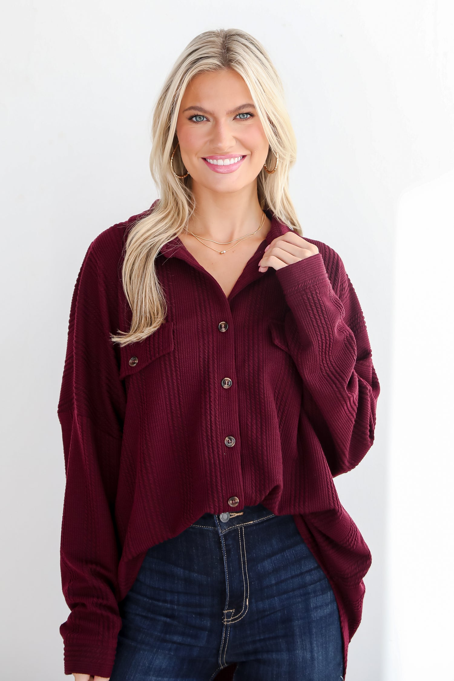 Reliably Cozy Wine Knit Button-Up Top