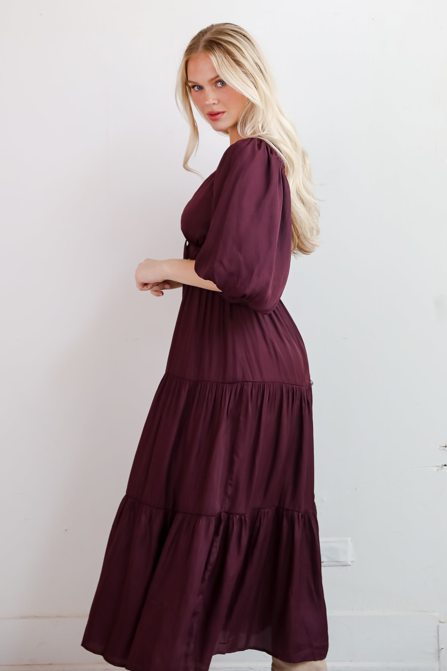 Extravagant Muse Wine Tiered Midi Dress