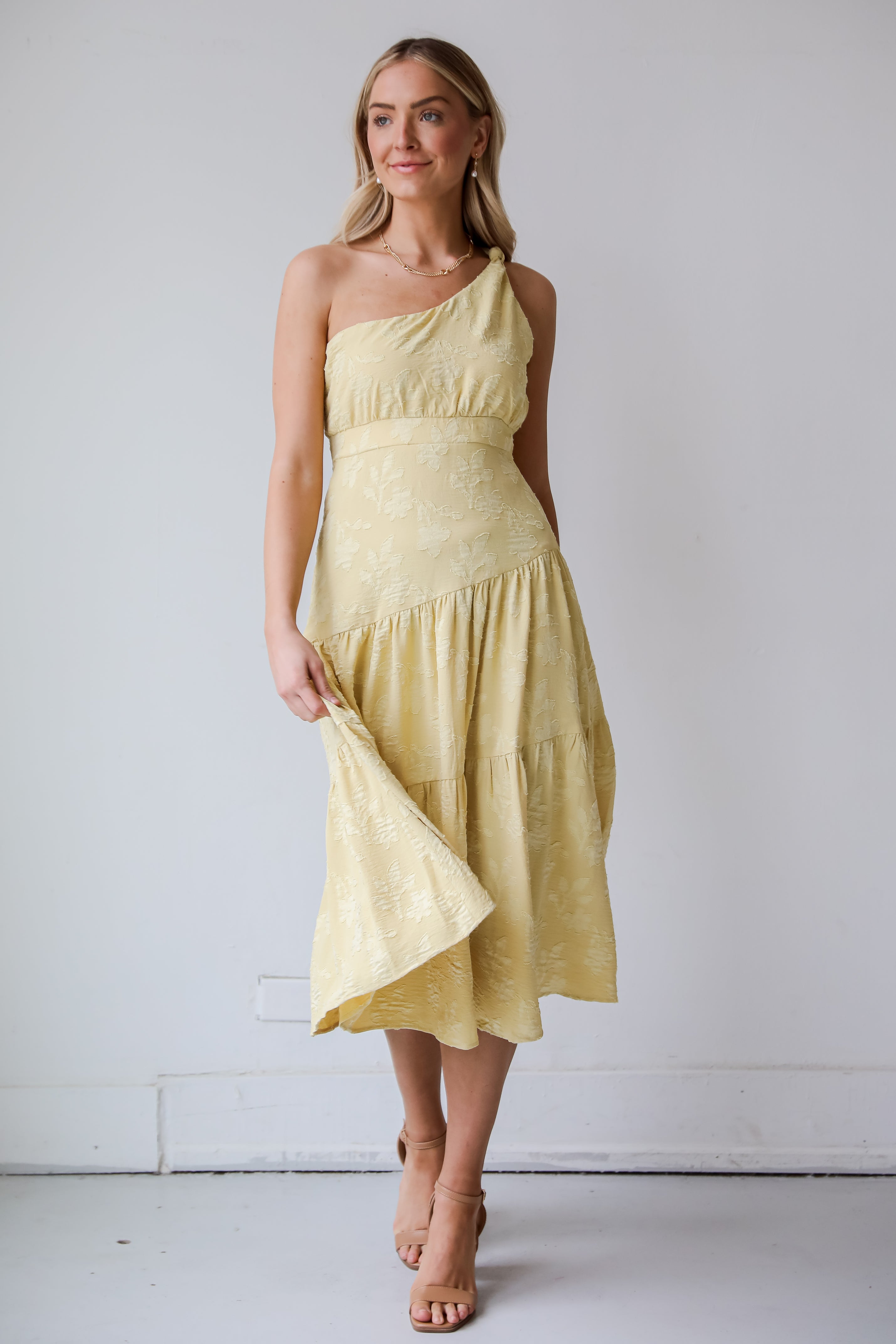 spring wedding guest dress Sunshine Daydream Yellow One-Shoulder Tiered Midi Dress