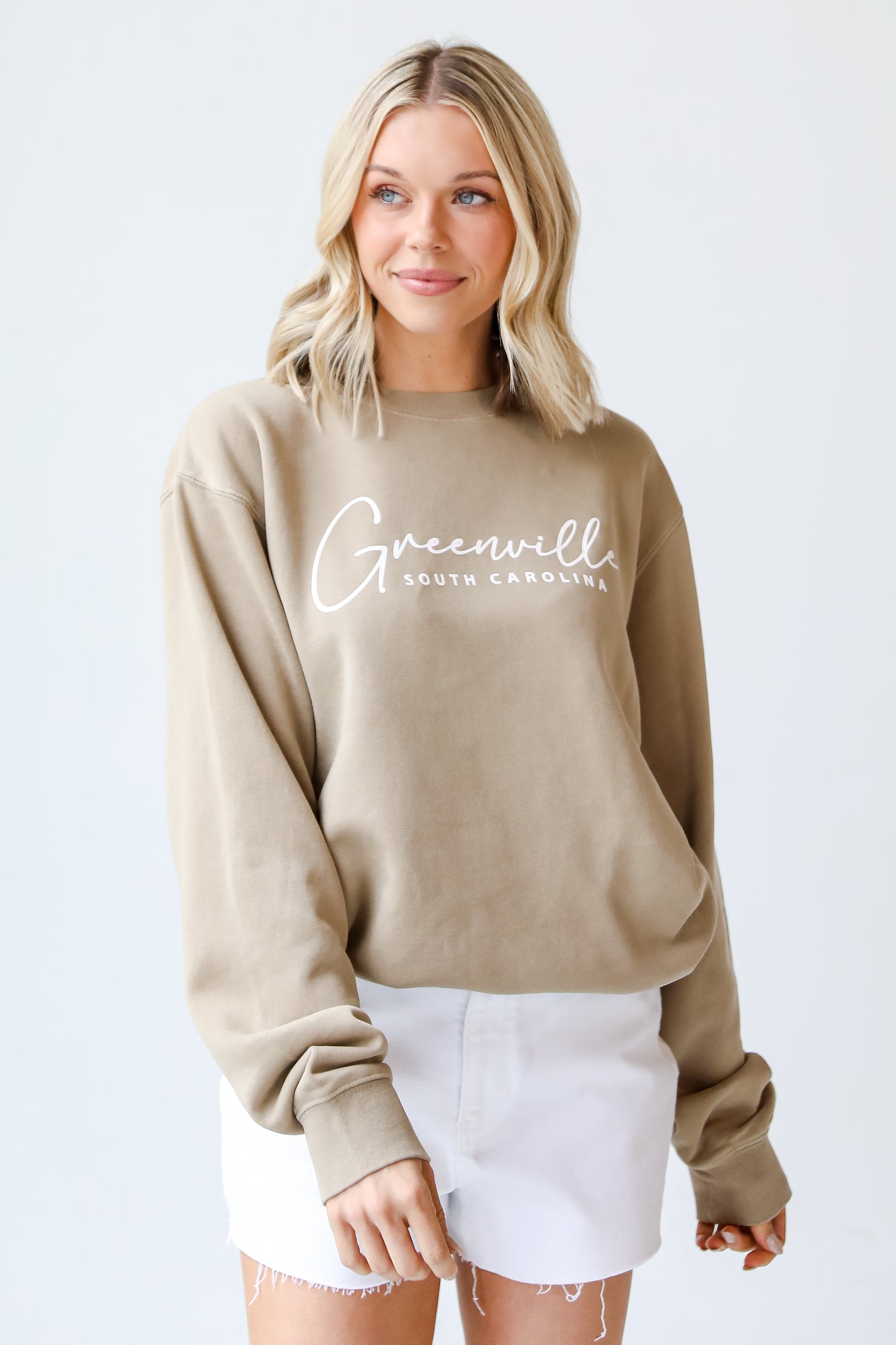 Tan Greenville South Carolina Pullover on dress up model